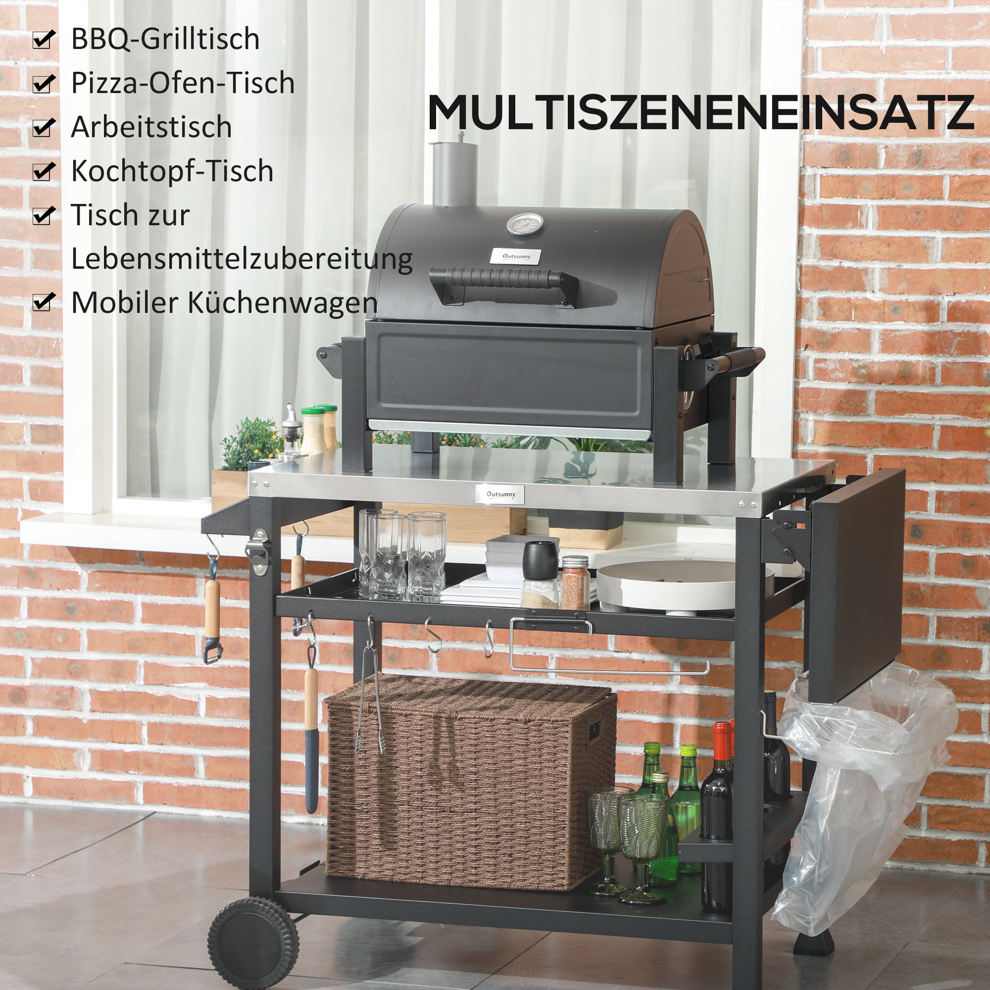 Outsunny Barbecuestation BBQ-wagen, incl. accessoires, 125 x 65 x 84 cm, Zwart + Zilver