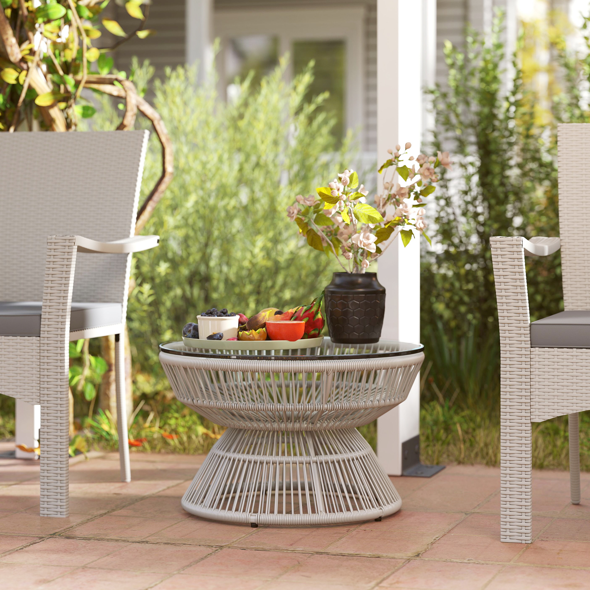 Outsunny Runder Gartencouchtisch, Beistelltisch aus Kunststoff-Rattan-Imitat und gehärteter Glasplatte Ø 60 x 37H cm