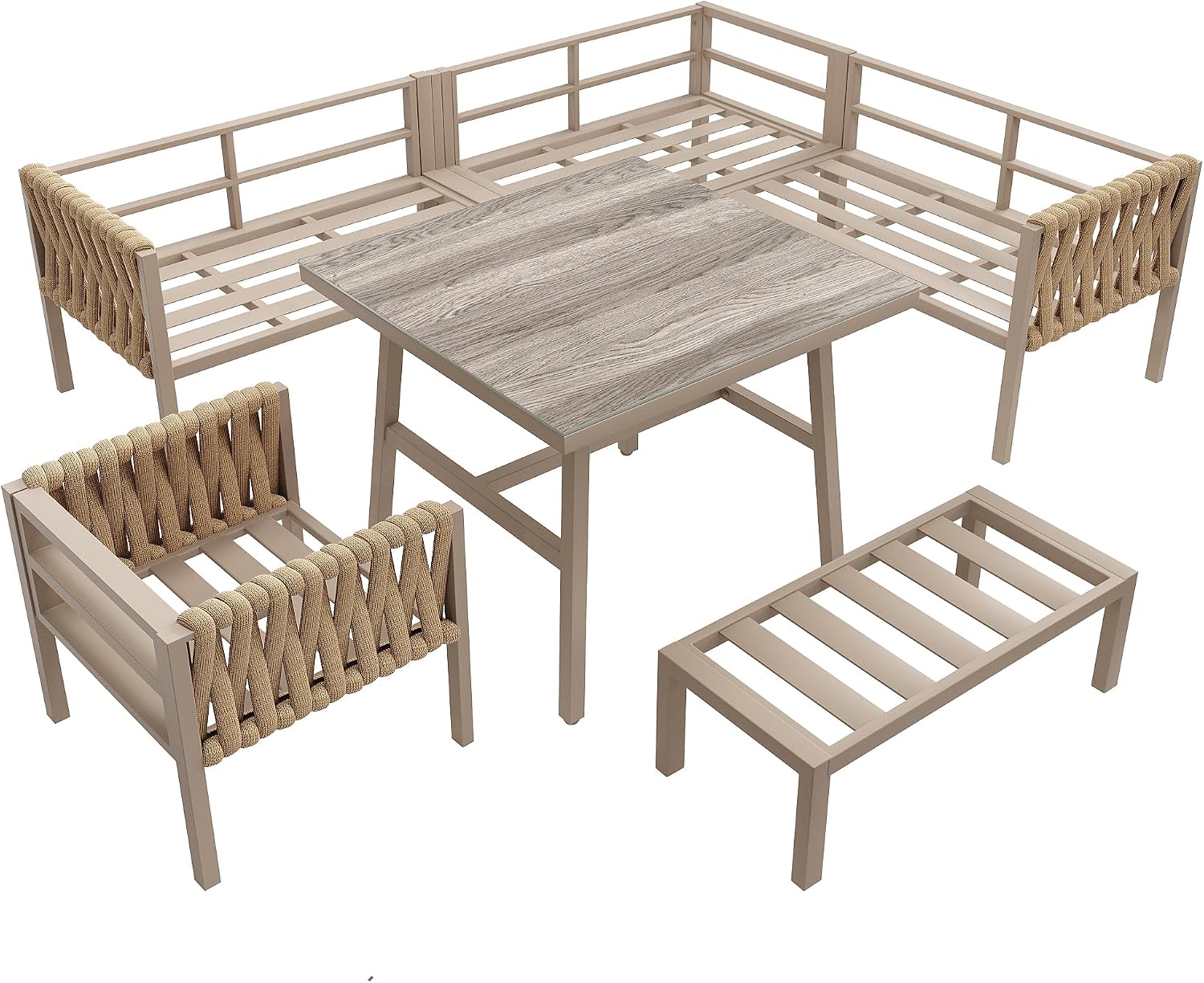 Idemon Set di mobili da giardino con struttura in ferro zincato, gambe regolabili, divano ad angolo, piano in vetro temperato, inclusi tutti i cuscini per seduta e schienale, beige