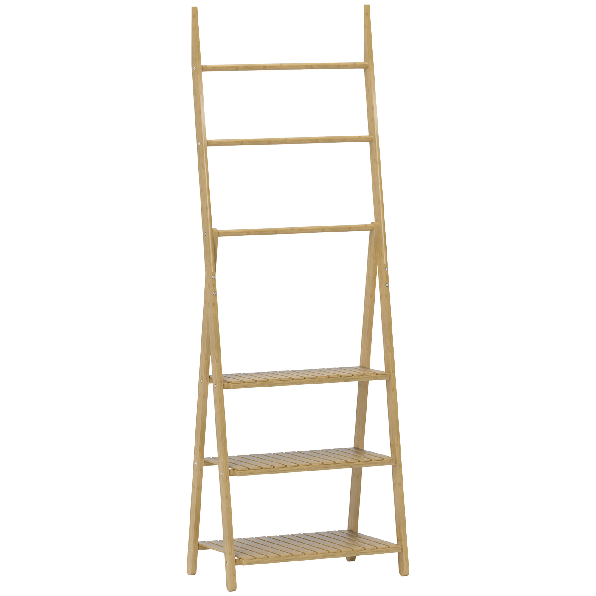 HOMCOM Badezimmerregal 3 Regale mit 3 Handtuchstangen, freistehend und klappbar aus Bambus