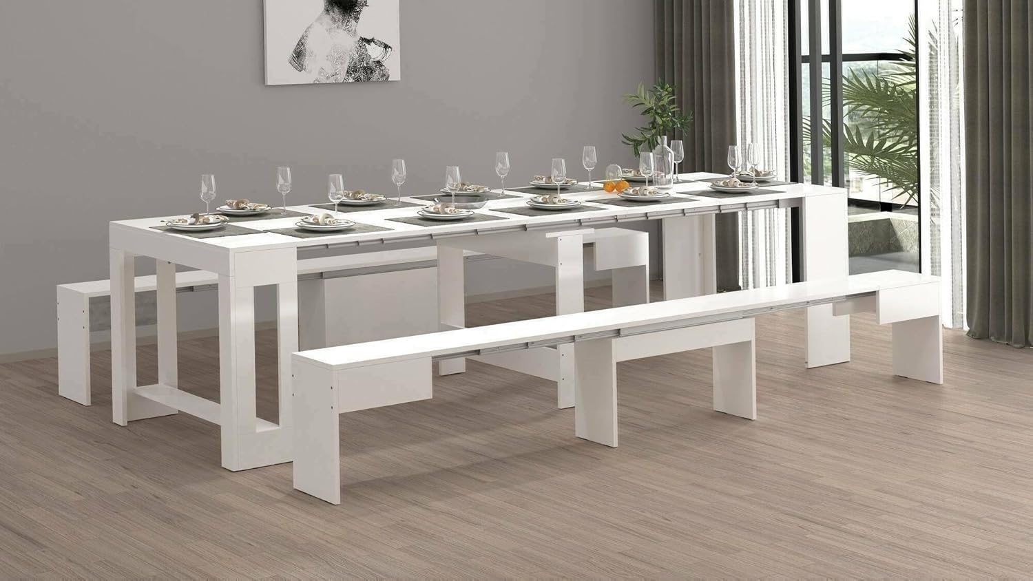 Dmora - Set tavolo e sedie Eric, Composizione multiuso, Set con consolle e 2 panche allungabili, 100% Made in Italy, 66x25h45 cm, Bianco lucido