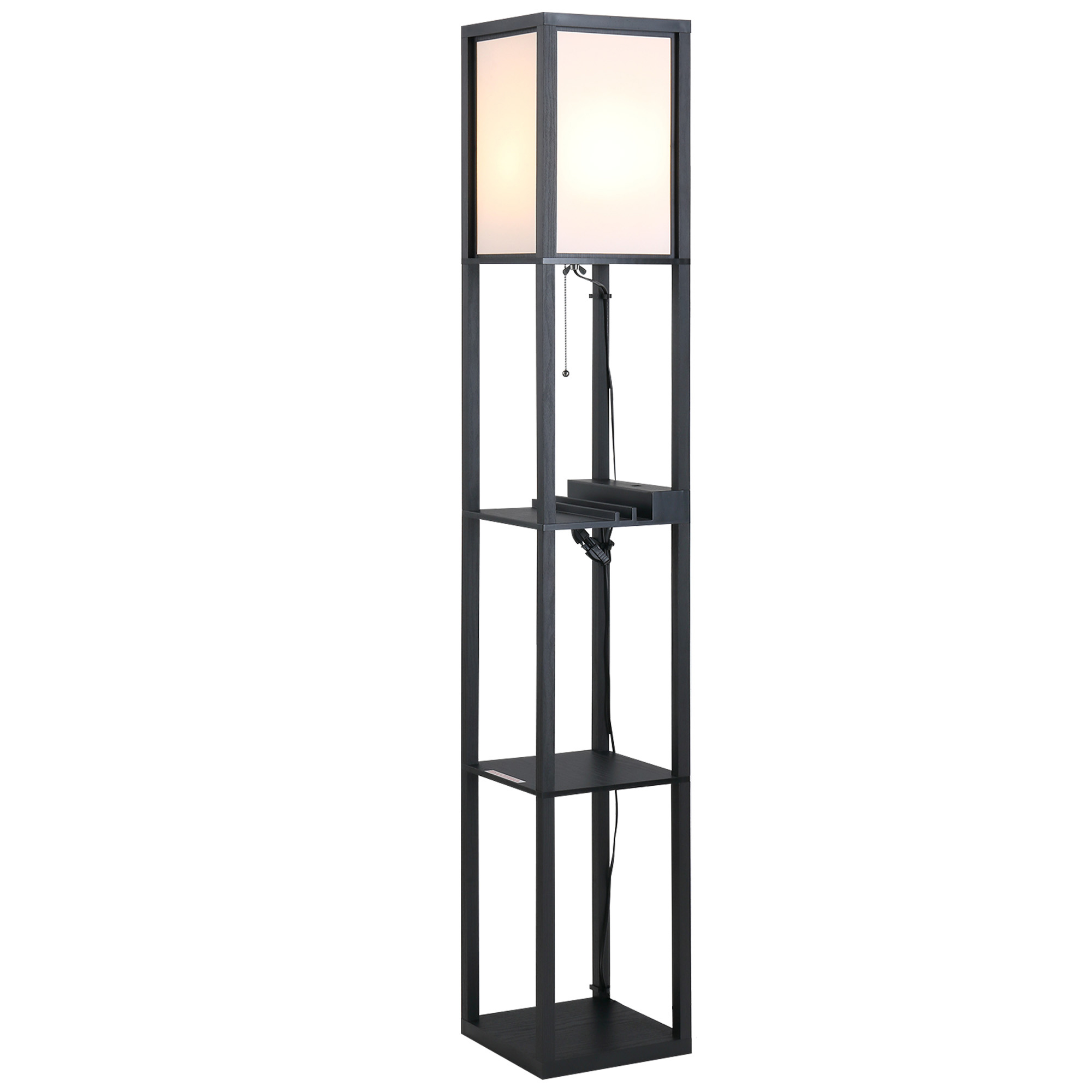 HOMCOM Moderne Stehlampe, Platzsparende Bodenlampe mit Regalen aus Baumwolle, MDF 26 x 26 x 160 cm Schwarz und Weiß