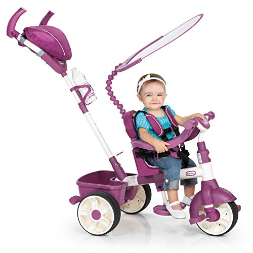 Little Tikes Triciclo 4 in 1 Edizione Sport. Quattro Fasi di Crescita. Con Manico, Manubrio e Sedile Regolabili con Cintura, Tettino di Protezione. Da Montare. Adatto dai 9 Mesi. Rosa e Bianco : Giochi e giocattoli