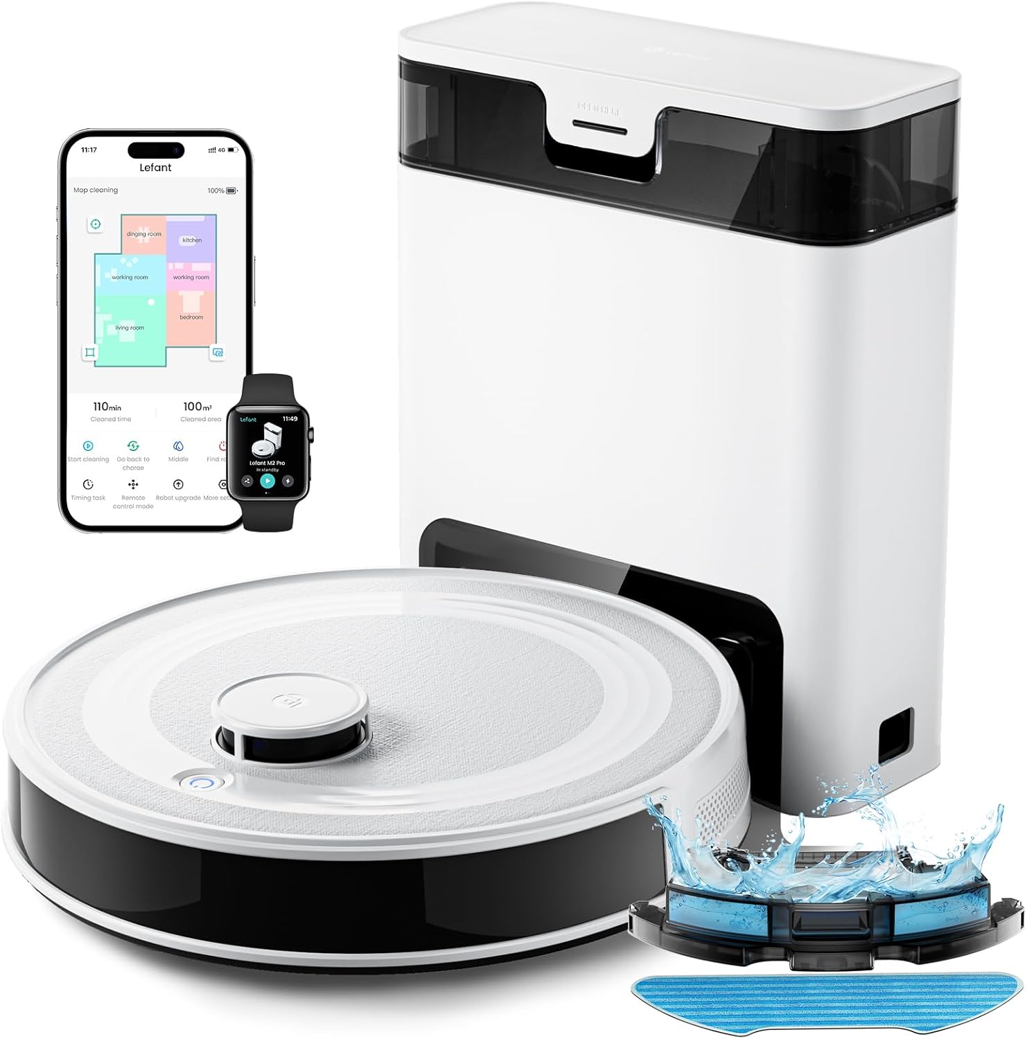 LEFANT M2 Pro Robot Aspirapolvere Lavapavimenti con Svuotamento Automatico Polvere,6000Pa,Navigazione Laser, Pulizia Personalizzata, Aggiramento Ostacoli PSD, Ideale Per Peli di Animali,Wi-fi/Alexa