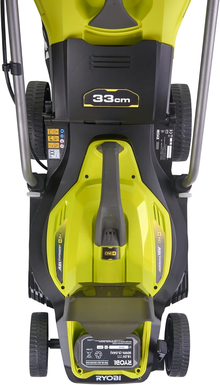 RYOBI 18 V ONE+ Akku-Rasenmäher RLM18X33B40 – 33 cm Schnittbreite, inkl. 4,0 Ah Akku & Ladegerät, kompakt & leicht für kleine Rasenflächen