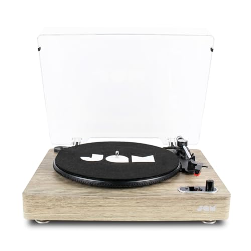JAM Giradischi Sound Stream, giradischi portatile senza fili, Bluetooth, connessione USB, uscita RCA, ingresso AUX, 3 velocità RPM, copertura antipolvere   Venatura del legno : Elettronica