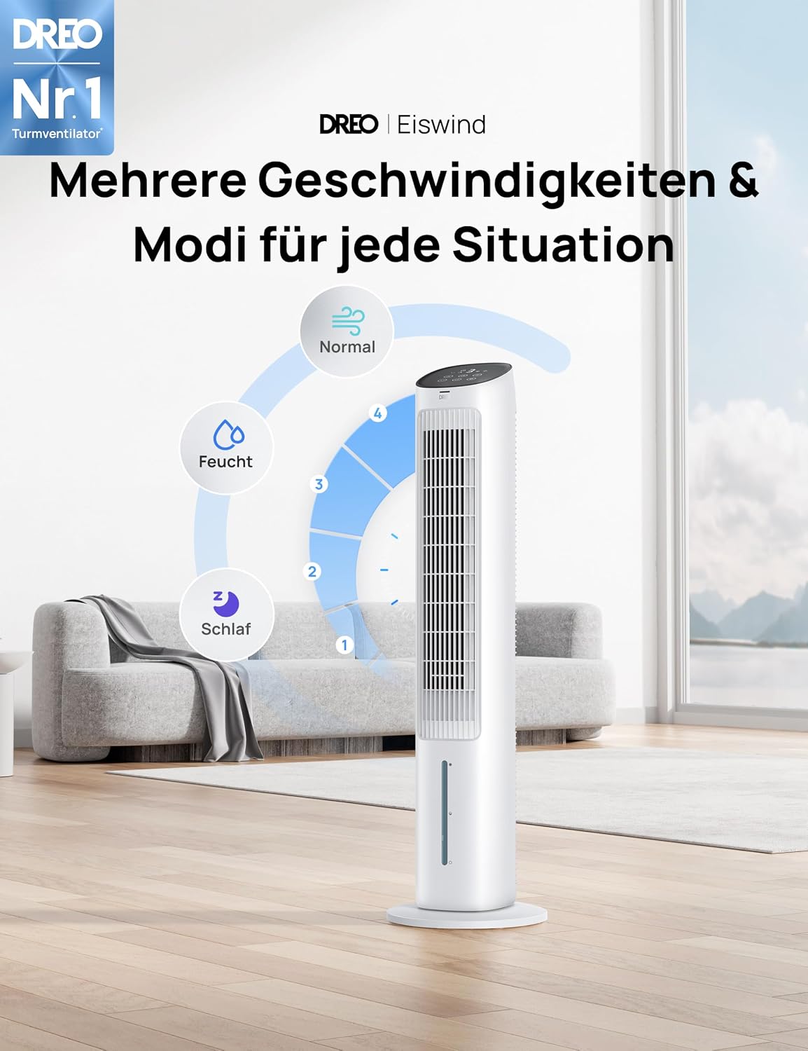 DREO Turmventilator mit Kühlung leise, Ventilator mit Wasserkühlung, 102 cm Luftkühler, Verdunstungskühler mit 80° Schwenkfunktion, 3 Modi, 4 Geschwindigkeiten, Fernbedienung, Weiß