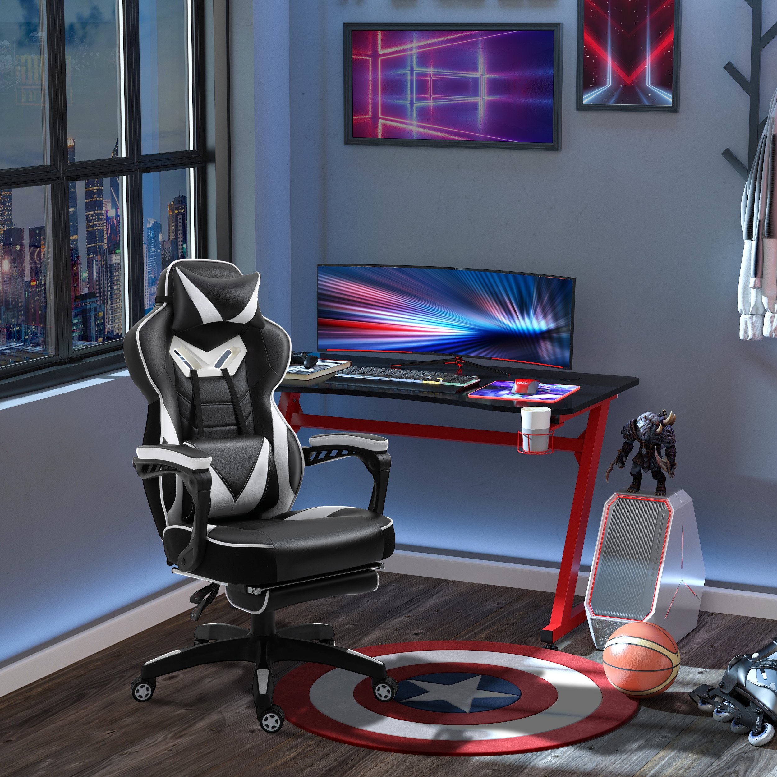 Vinsetto® Gamingstuhl Gamingsessel Fußstütze Liegefunktion Weiß Schwarz