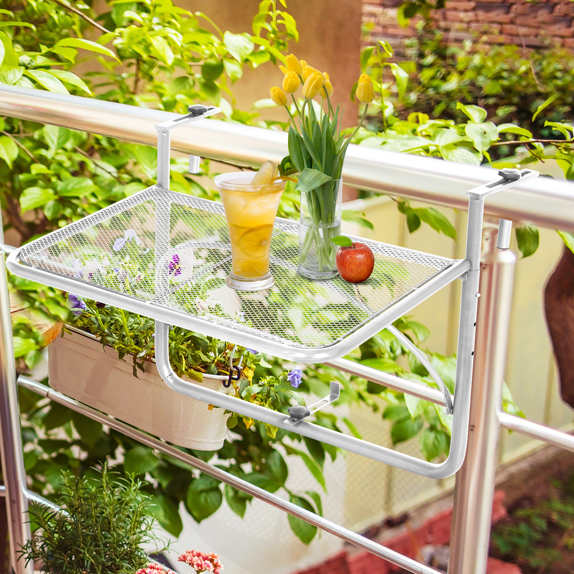 Outsunny Balkonhängetisch Gartentisch höhenverstellbar viereckig Terrasse Metall Weiß L60 x B56,5 x H45 cm