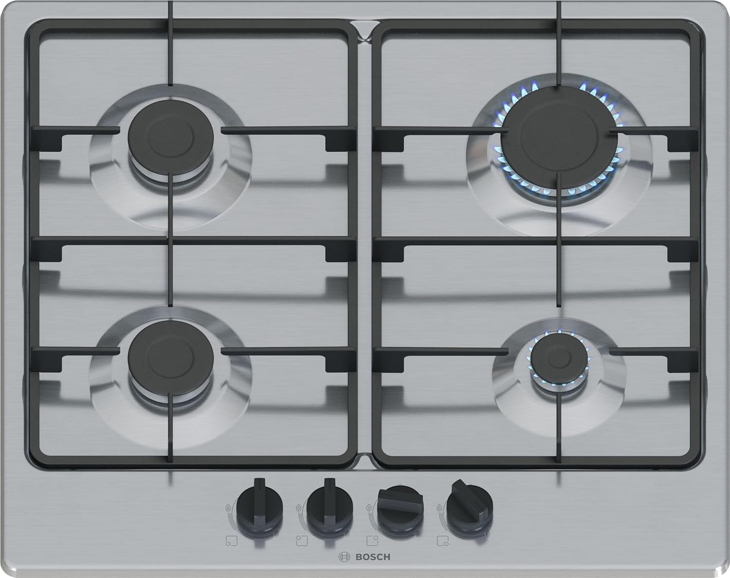 Bosch PGP6B5K60, Gas Hob, Bridge Knobs: Ergonomic Control, 4 Burners, Steel, Amazon Exclusive Version, 60 cm, Series 4 - NEW, Inox