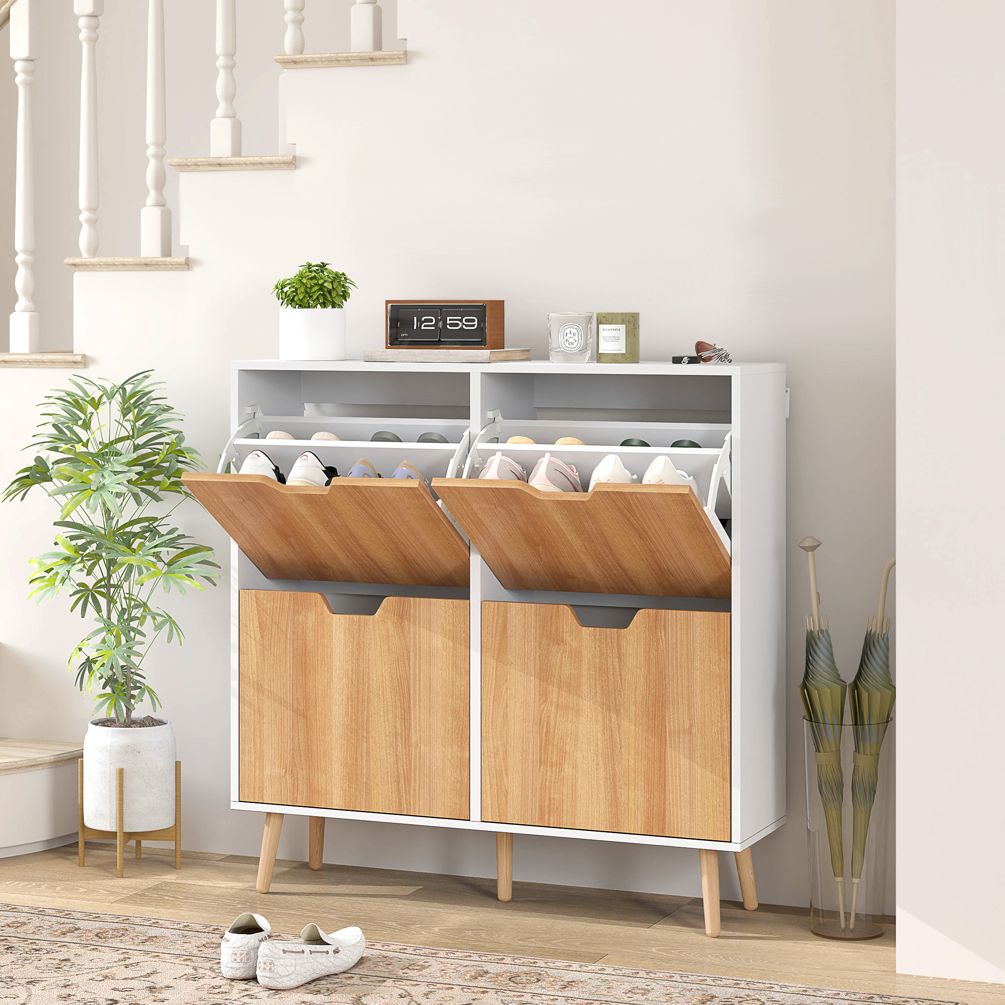 HOMCOM Schuhschrank 4 Klappen 16 Paare mit höhenverstellbarem Regal Kieferholzfüße 95 x 26 x 95 cm Natur