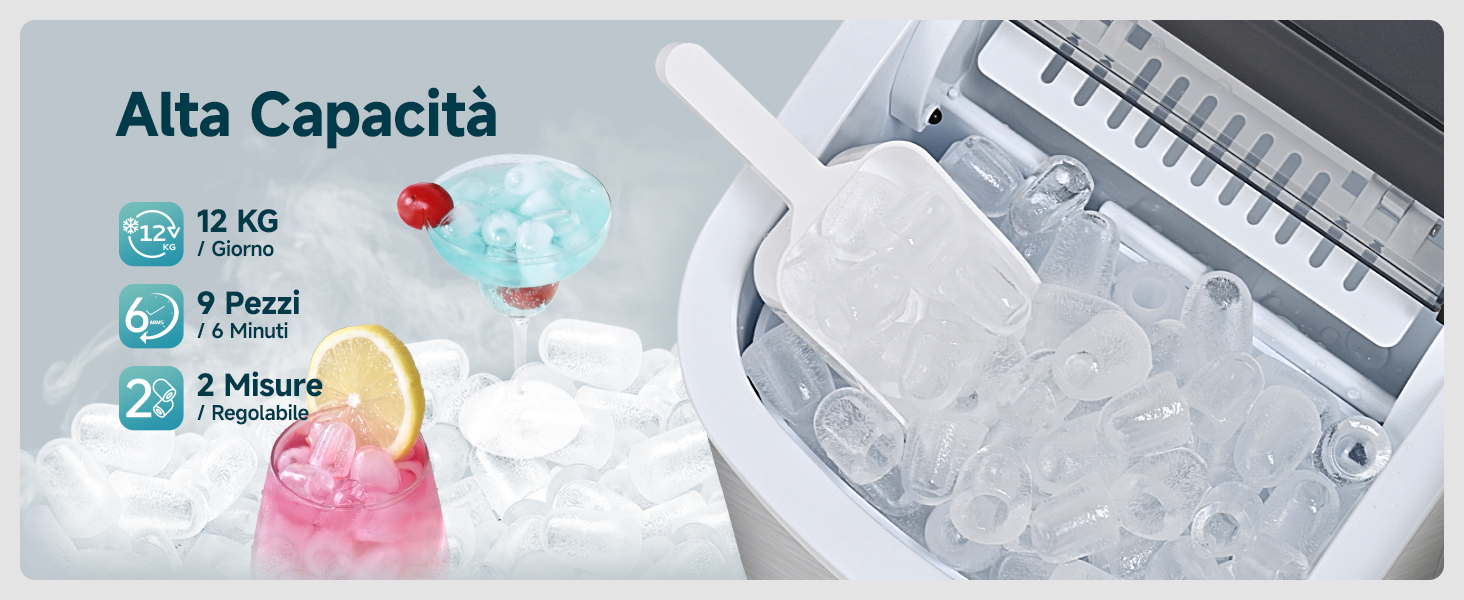 Fabbricatore di ghiaccio con cubetti di ghiaccio di varie forme e dimensioni. Le caratteristiche includono una capacità di 12 kg, 9 pezzi per ciclo e 2 misure regolabili. Mostra i cubi nei bicchieri da cocktail e all'interno della macchina.