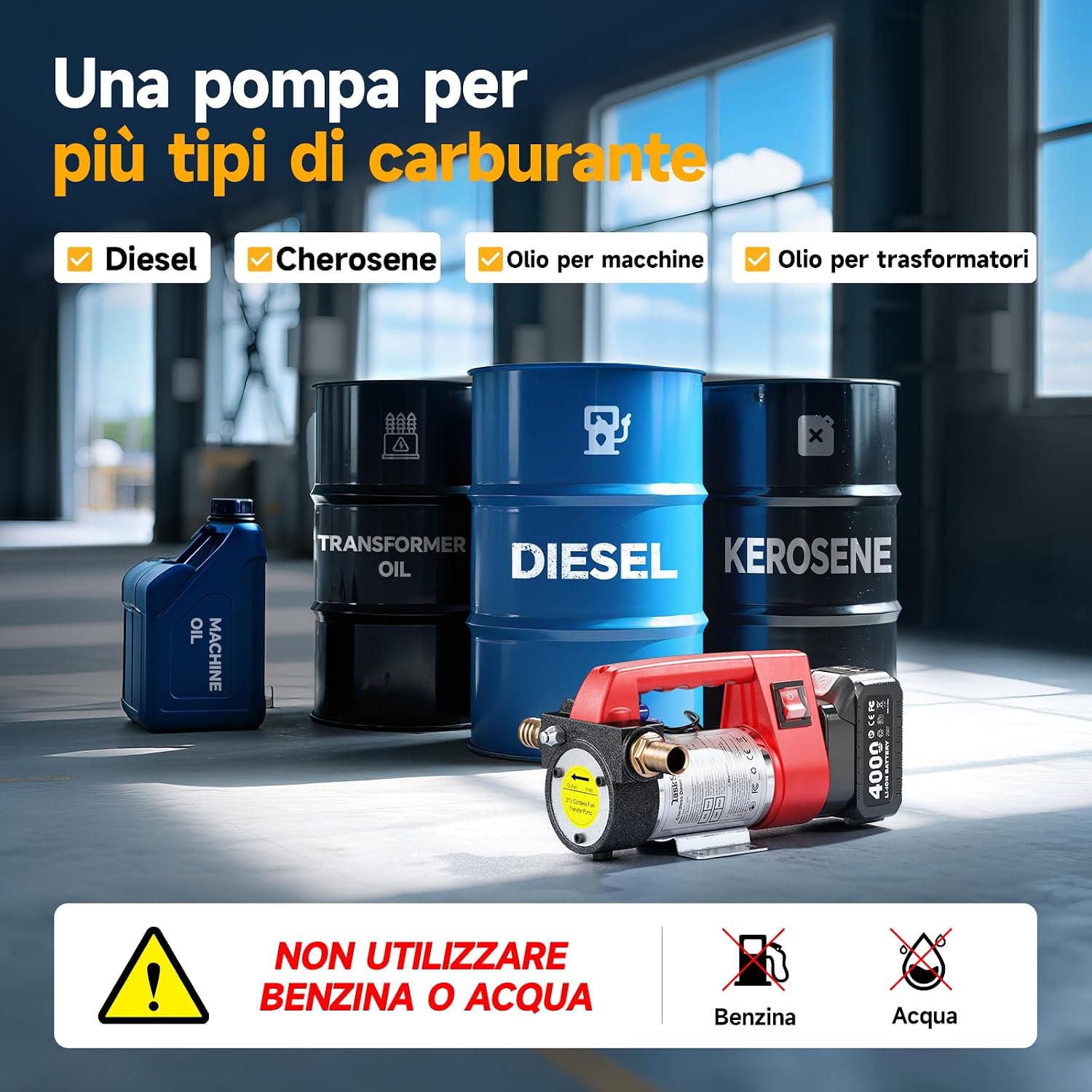 Taskstar Pompa Travaso Gasolio a Batteria 45L/min, Set di Pompe Elettriche da 21V con Batteria 2x4,0Ah, Pompa Portatile per Olio Combustibile con Ugello, 2x Tubo da 2 m per Diesel e Cherosene