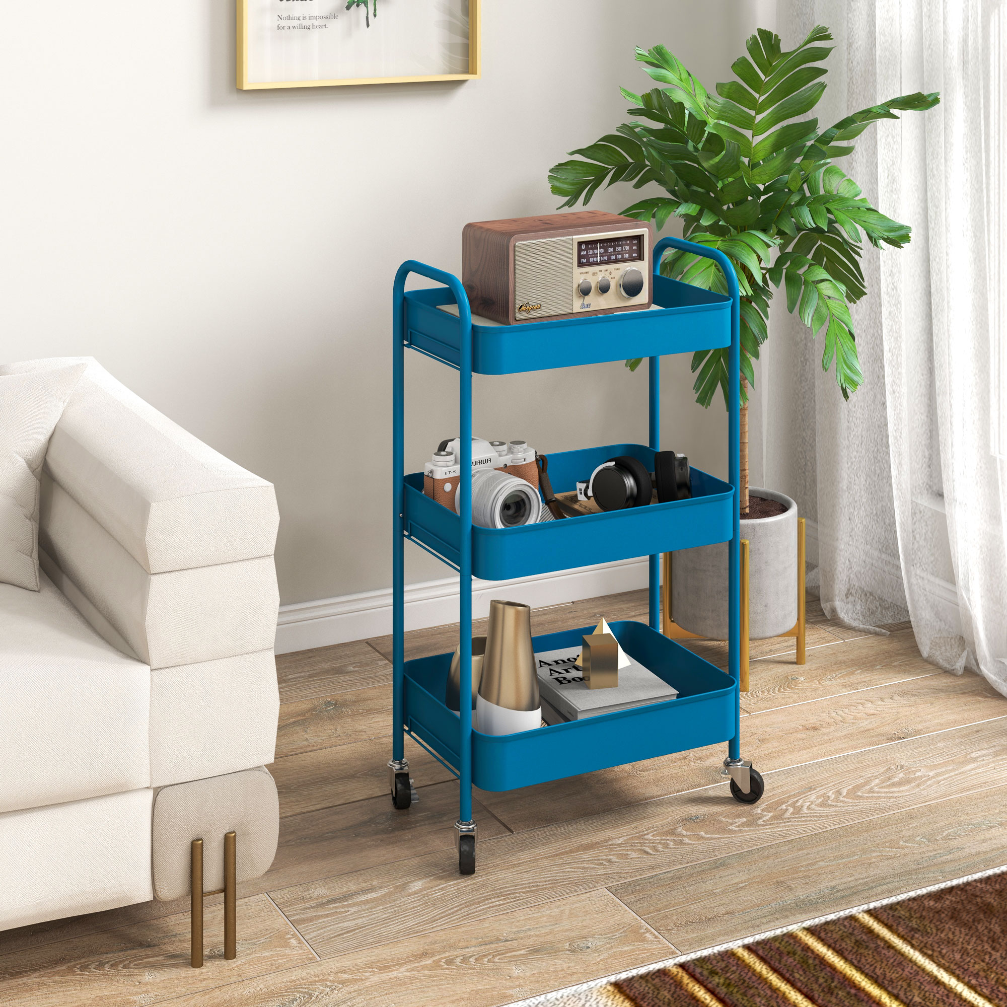 HOMCOM Servierwagen aus Stahl mit Rollen, 3 durchbrochene Platten, 45 x 30,6 x 79 cm, Dunkelblau