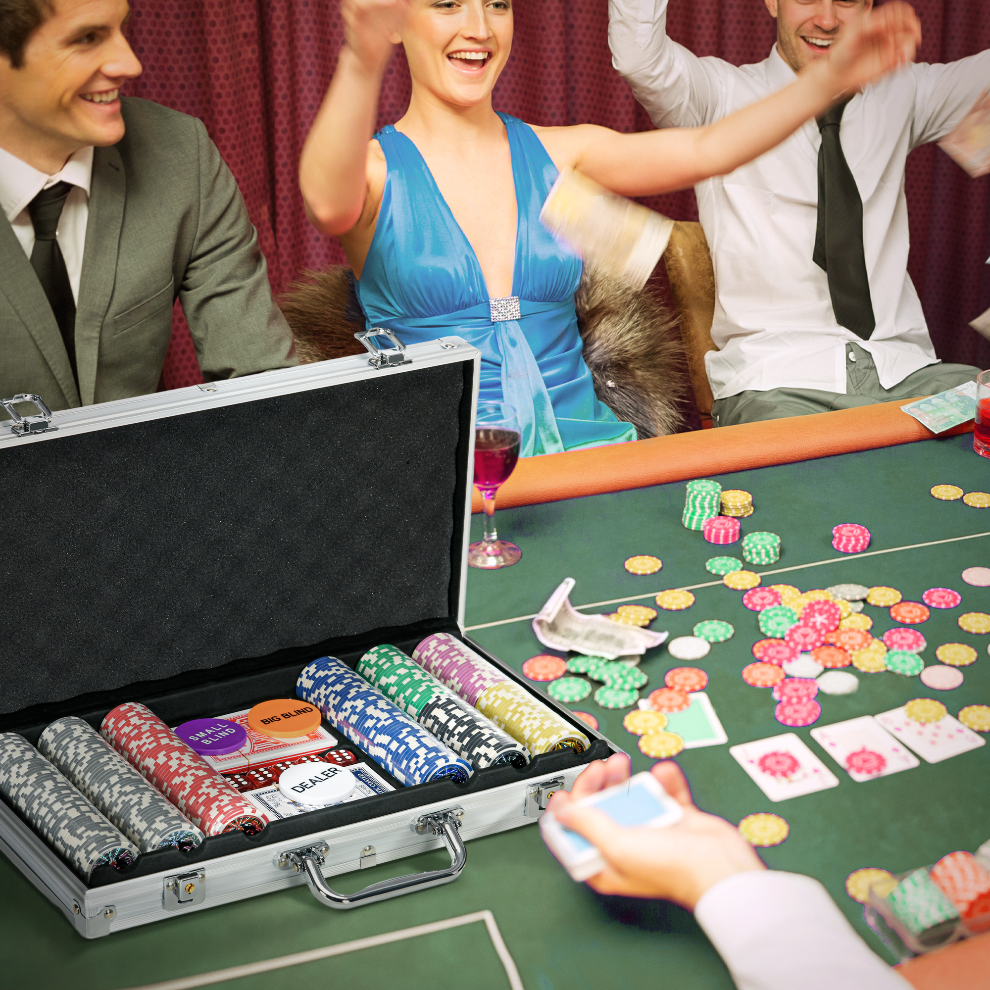 SPORTNOW Casinozubehör und Chips Pokerset mit Chips Pokerchip-Koffer, inkl. Unterlage,  500 Chips, Set für 9-10 Spieler, Silber