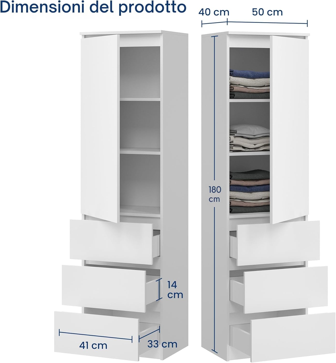 Home Collective Multi-purpose Wardrobe, Wardrobe, Wardrobe with 3 Shelves and 3 Drawers | Compact and Functional Wardrobe for Bedroom, Hallway or Study | 50 x 40 x 180 cm (WxDxH) | White