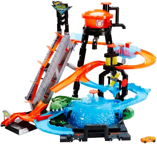 Hot Wheels Mega Autolavaggio Playset per Macchinine con Pista Selvaggia e Coccodrillo, Torre dell'Acqua, Vasca del Vortice, Un Veicolo Cambiacolore, FTB67 : Amazon.it: Giochi e giocattoli