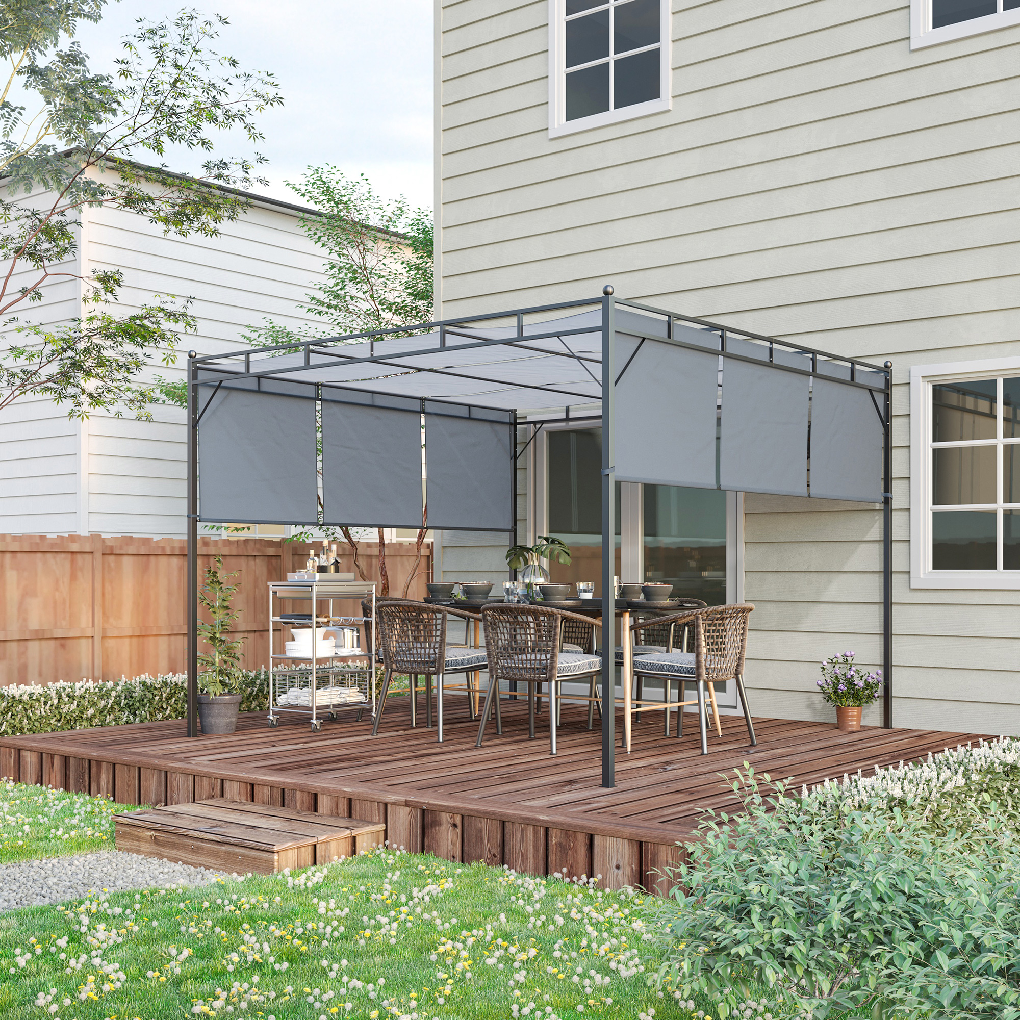 Outsunny Pergola mit 3 ausziehbaren Segeln 3L x 3B x 2,25H m Stahlkonstruktion - Dunkelgrau und Schwarz