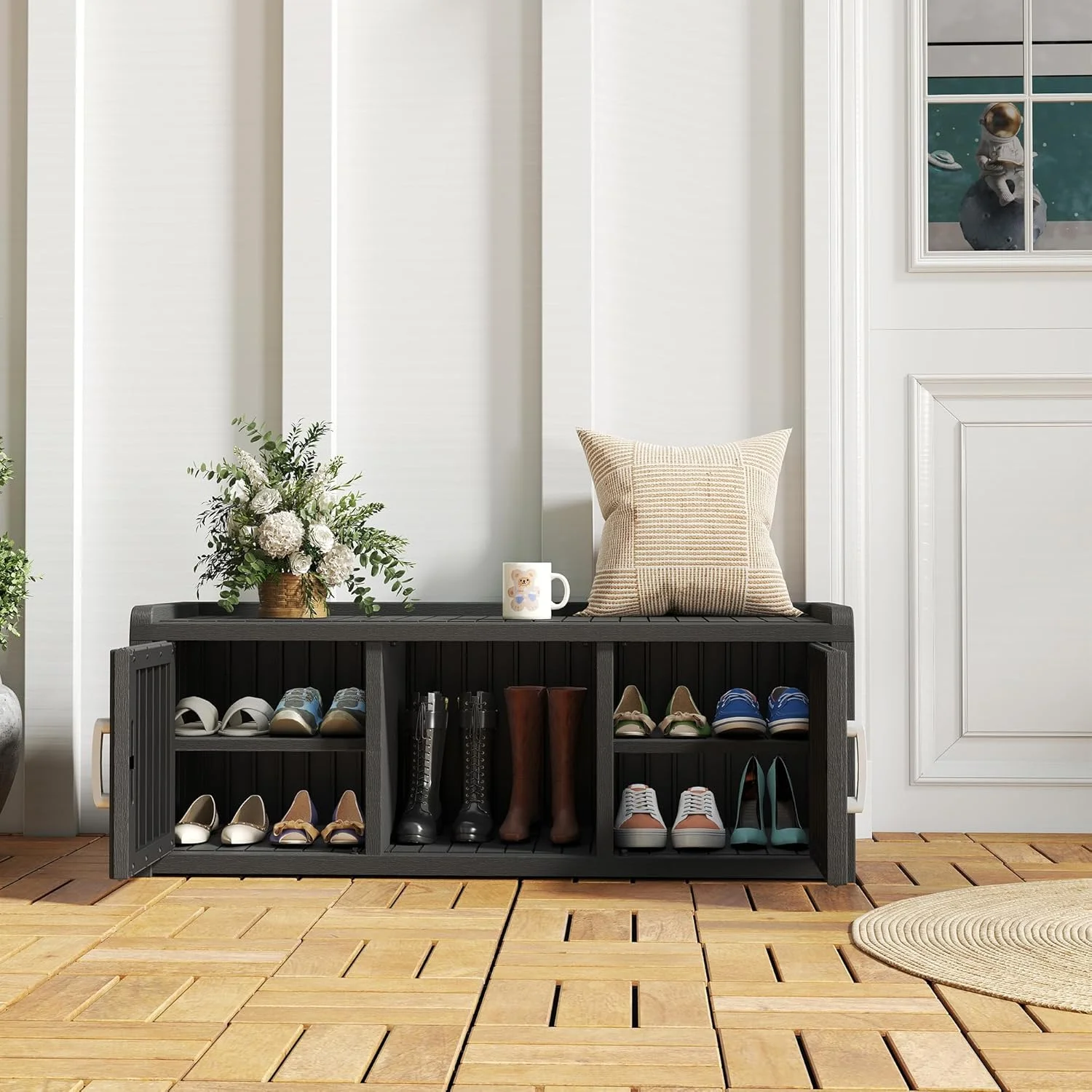 KAMABOKO Outdoor Shoe Storage Cabinet, Waterproof UV-Resistant Entryway Storage Bench Indoor Outdoor with 2 Barn Doors, Adjustable Shelves for Entryway, Bedroom, Hallway,Living Room(Black)