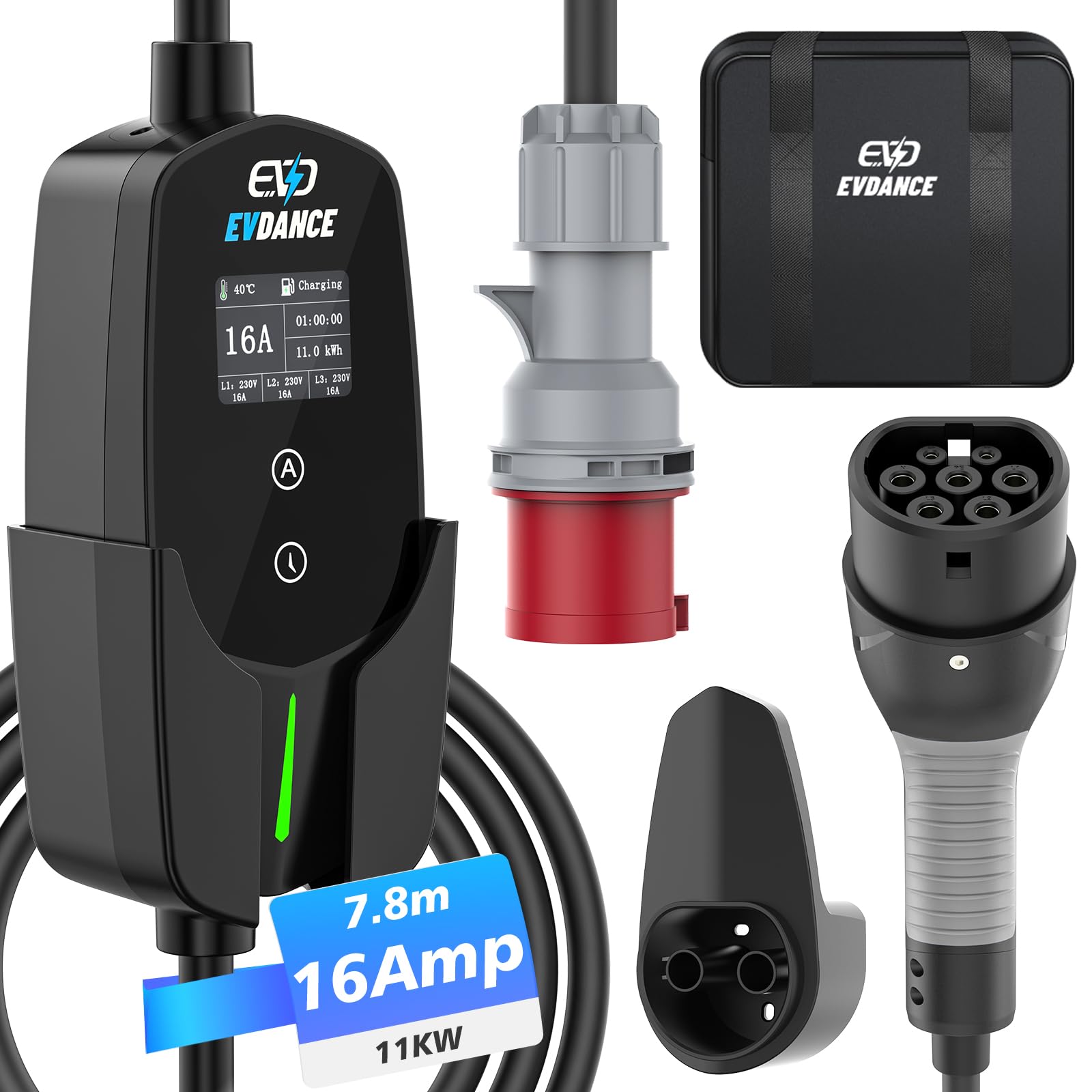 Mobile Wallbox 11 kW mit Typ-2-Ladekabel und CEE 16A Anschluss, einstellbarer Ladestrom 6-16 A