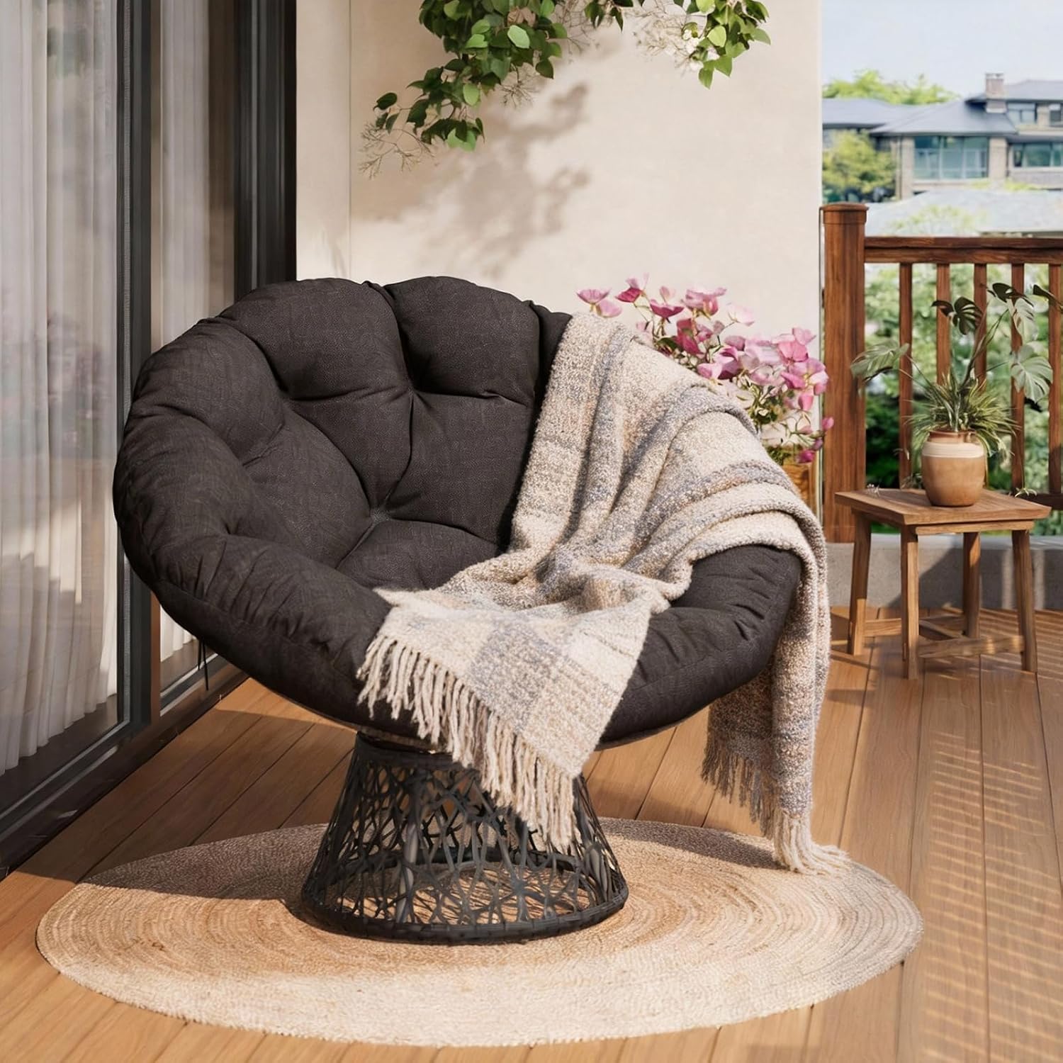 GarveeHome Lounge- & Cocktailsessel, Schwarz, Ergonomischer Papasan Sessel aus Rattan mit dickem, stabilem Stahlrahmen & 360° Drehfunktion