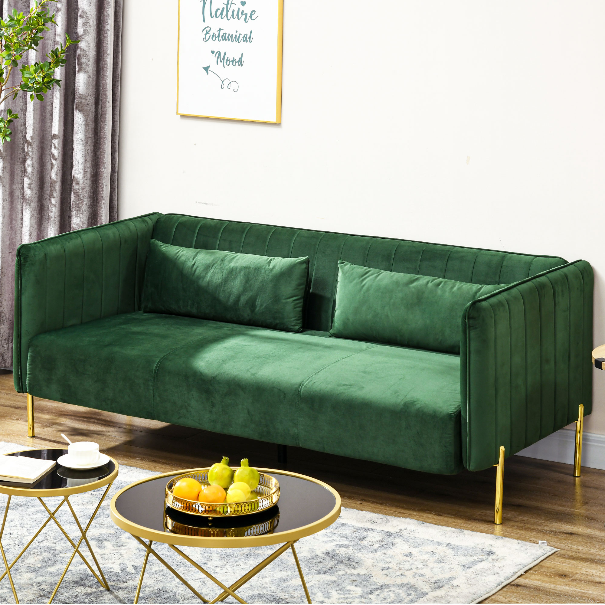 HOMCOM Sofa 3-Sitzer-Sofa Couch, inkl. 2 Kissen, Samtoptik, Retro-Design, abnehmbarer Bezug, 195 cm x 88 cm x 76 cm Grün