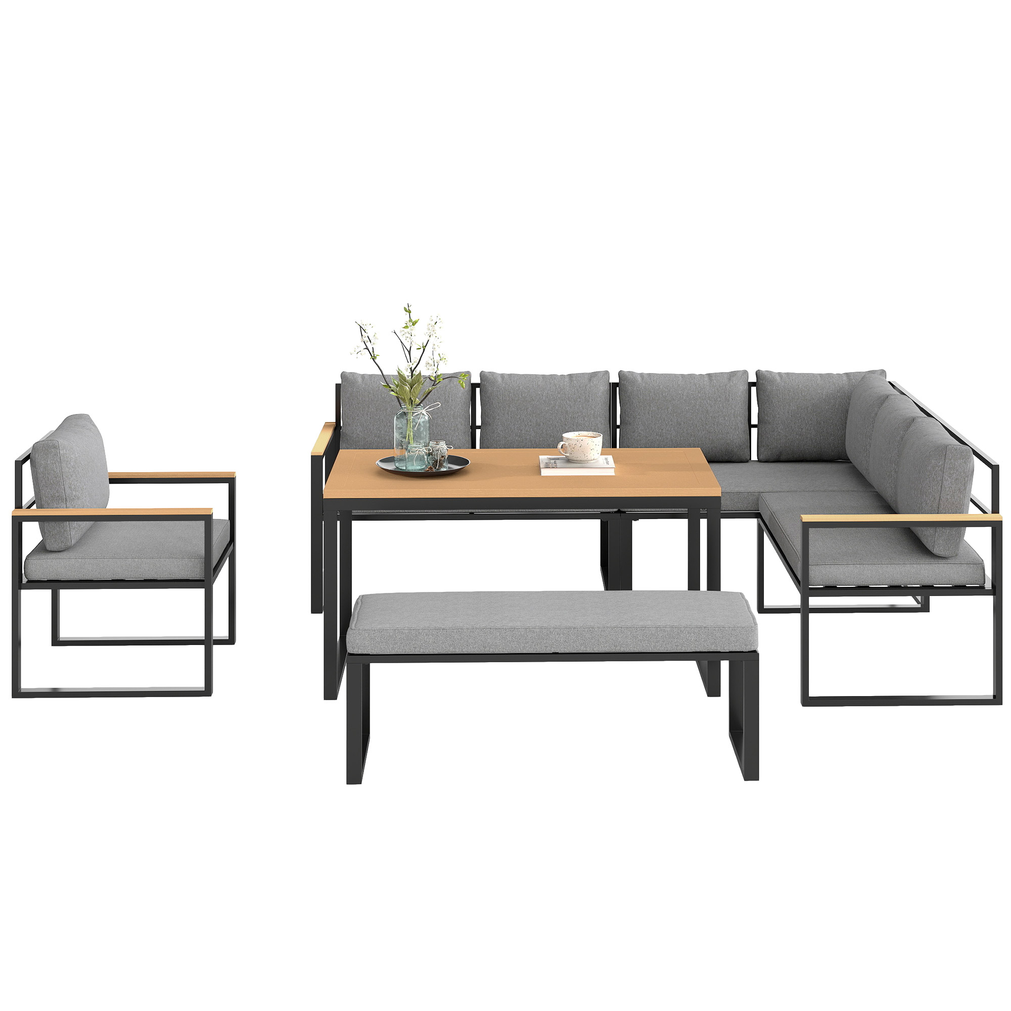 Outsunny Gartenmöbel-Set für den Außenbereich in Grau aus Stahl mit 3 Zweisitzer-Sofas, Sessel, Bank und Couchtisch