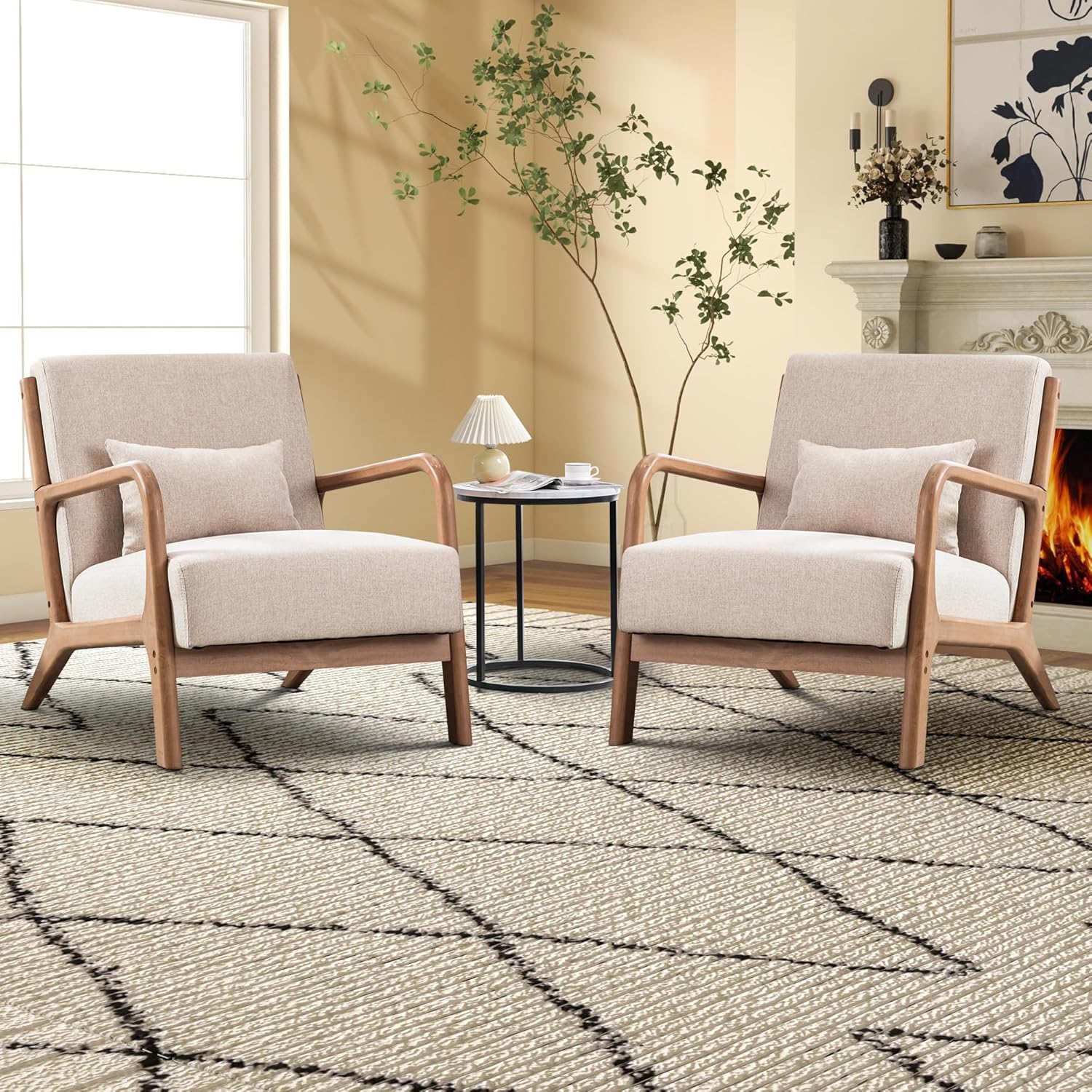 EBELLO Accent Sessel mit Kissen, Mid-Century Moderner Polstersessel für Wohnzimmer, Ohrensessel mit Holzrahmen & Armlehnen, Lesesessel bis 150kg belastbar, Beige
