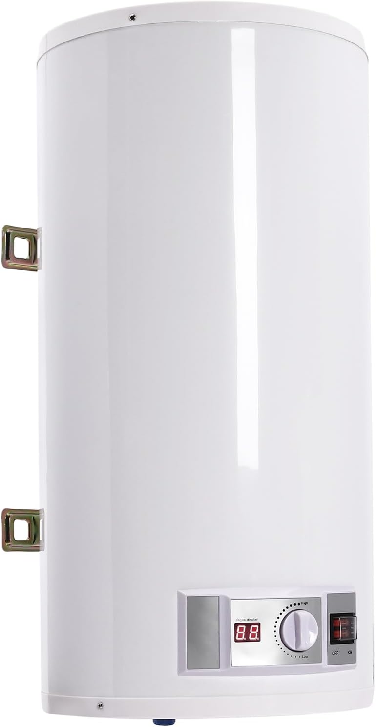 EU 50L Elektronischer Warmwasserbereiter, Durchlauferhitzer mit Temperaturanzeigefeld und Leckage-Schutz, Elektrischer Wassererhitzer bis 75℃ mit Handbrause Wasserhahn für Küchen Toiletten, 71 * 34cm