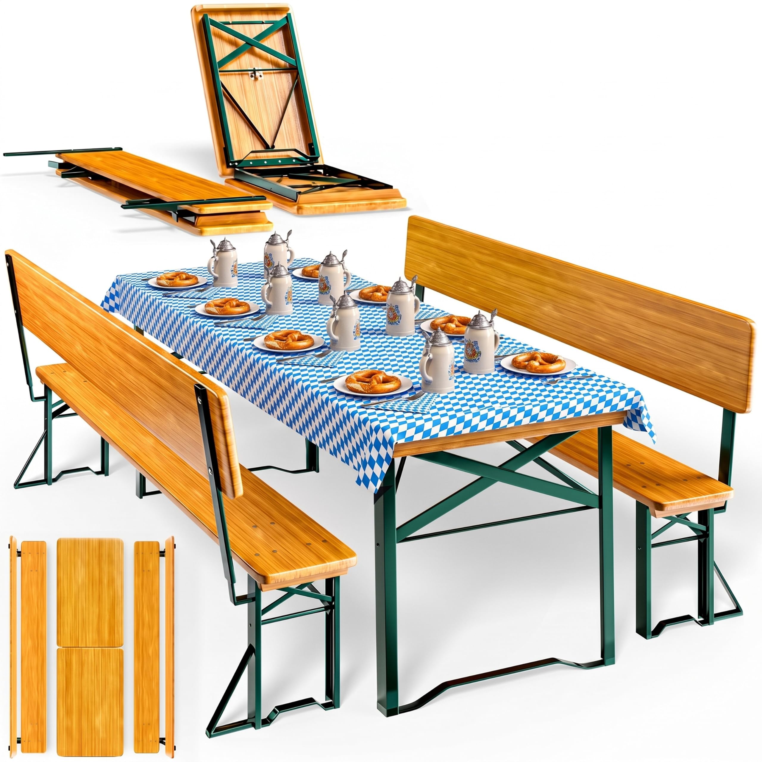 CASARIA Bierzeltgarnitur mit Lehne 170 cm klappbar aus Holz und Stahl mit 1 Tisch und 2 Bänken Braun für Garten und Camping