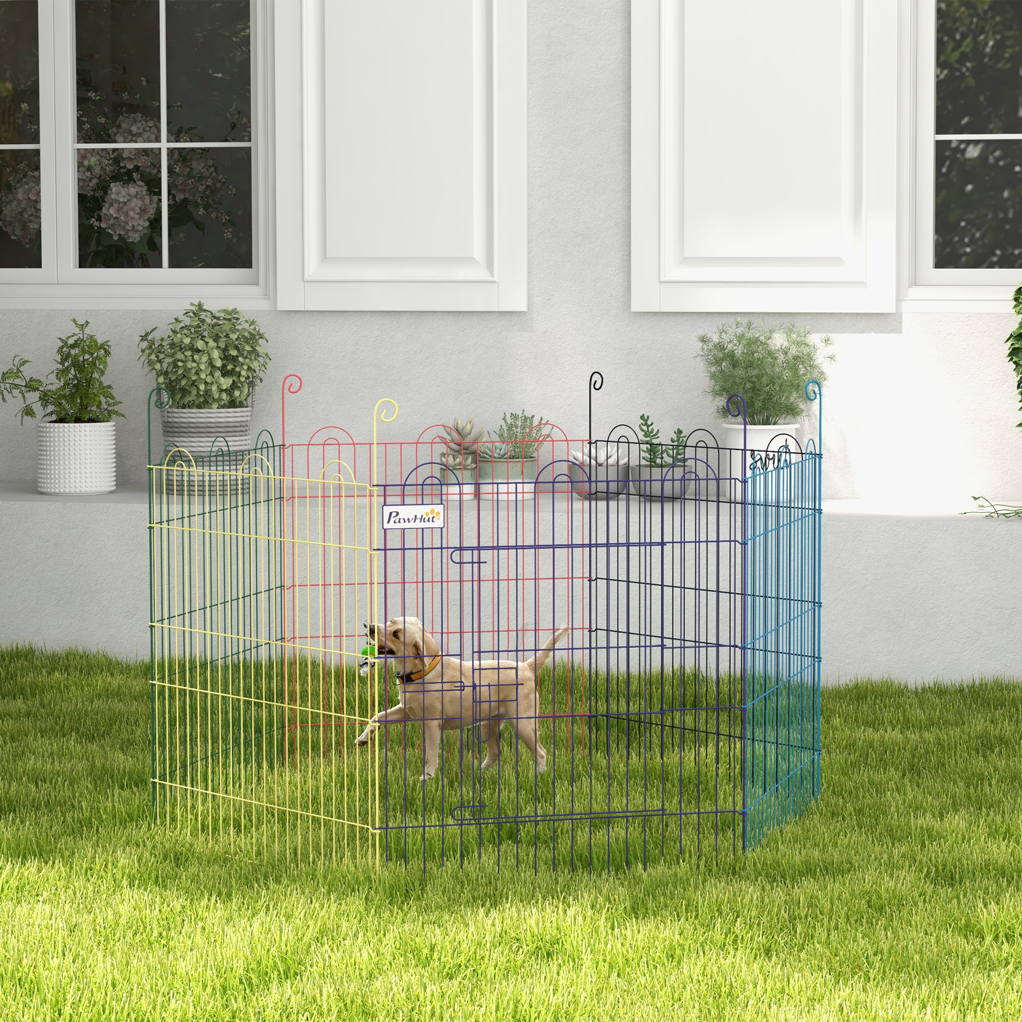 PawHut Freilaufgehege, Welpenauslauf, modulares Design, verriegelbar, Metall, Ø120x60H cm, Bunt