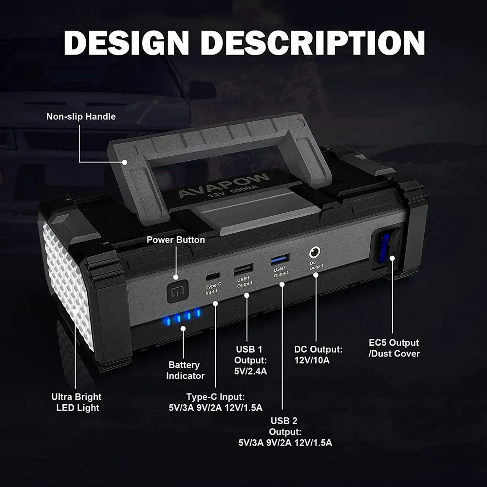 AVAPOW 6000A Car Battery Jump Starter with Dual USB Quick Charge and DC Output, 12V Jump Pack with Built-In LED Bright Light