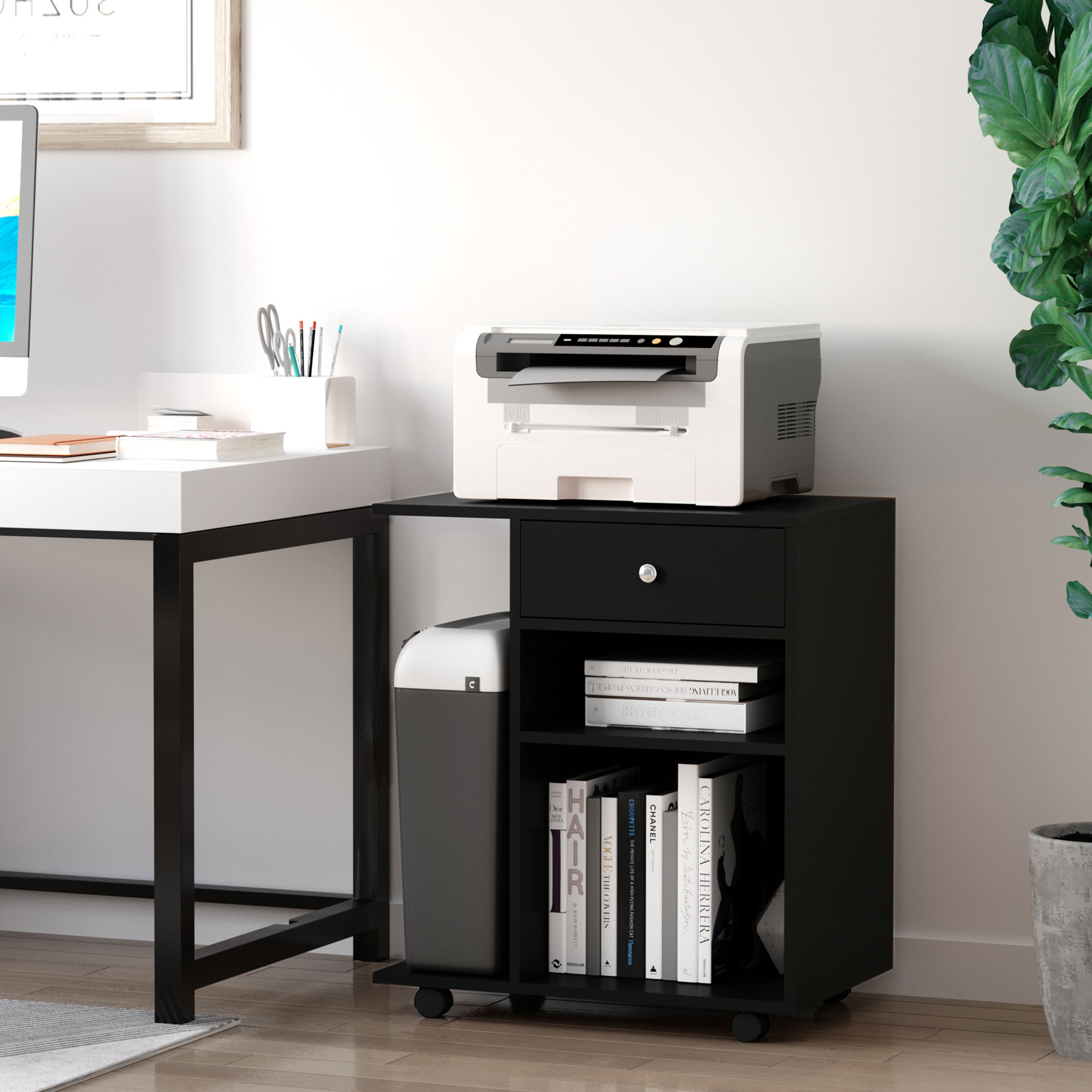 Vinsetto Druckertisch, Druckerständer, Bürowagen, Rollwagen mit Schublade+2 Ablagen+CPU-Ständer, Spanlatte, Schwarz, 60 x 40 x 68,5 cm