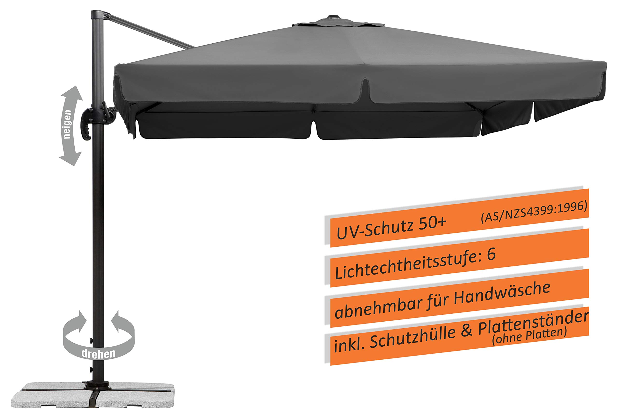 Schneider Sonnenschirm Rhodos anthrazit 300x300 cm quadratisch Gestell Alu Stahl Polyesterbezug 24 kg 78215