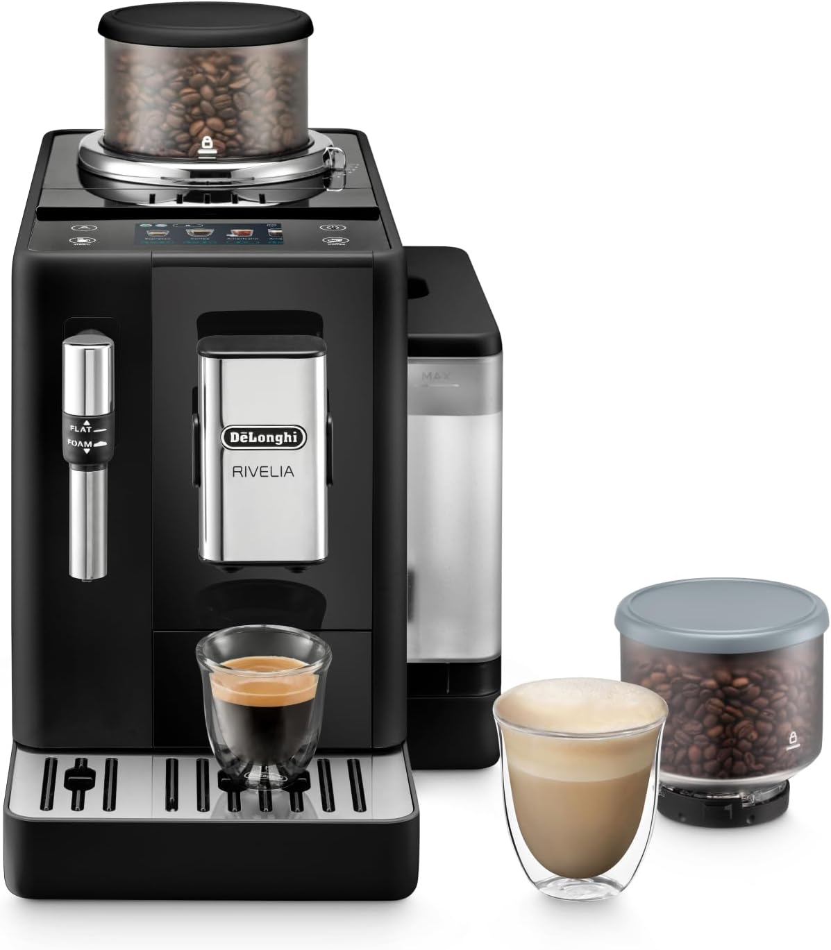 De'Longhi Revelia Perfetto EXAM440.35.B Automatic Coffee Machine, Moment-Ground Beans, Interchangeable Holder, Classic Milk Frother, Colour Touch Display, Onyx Black