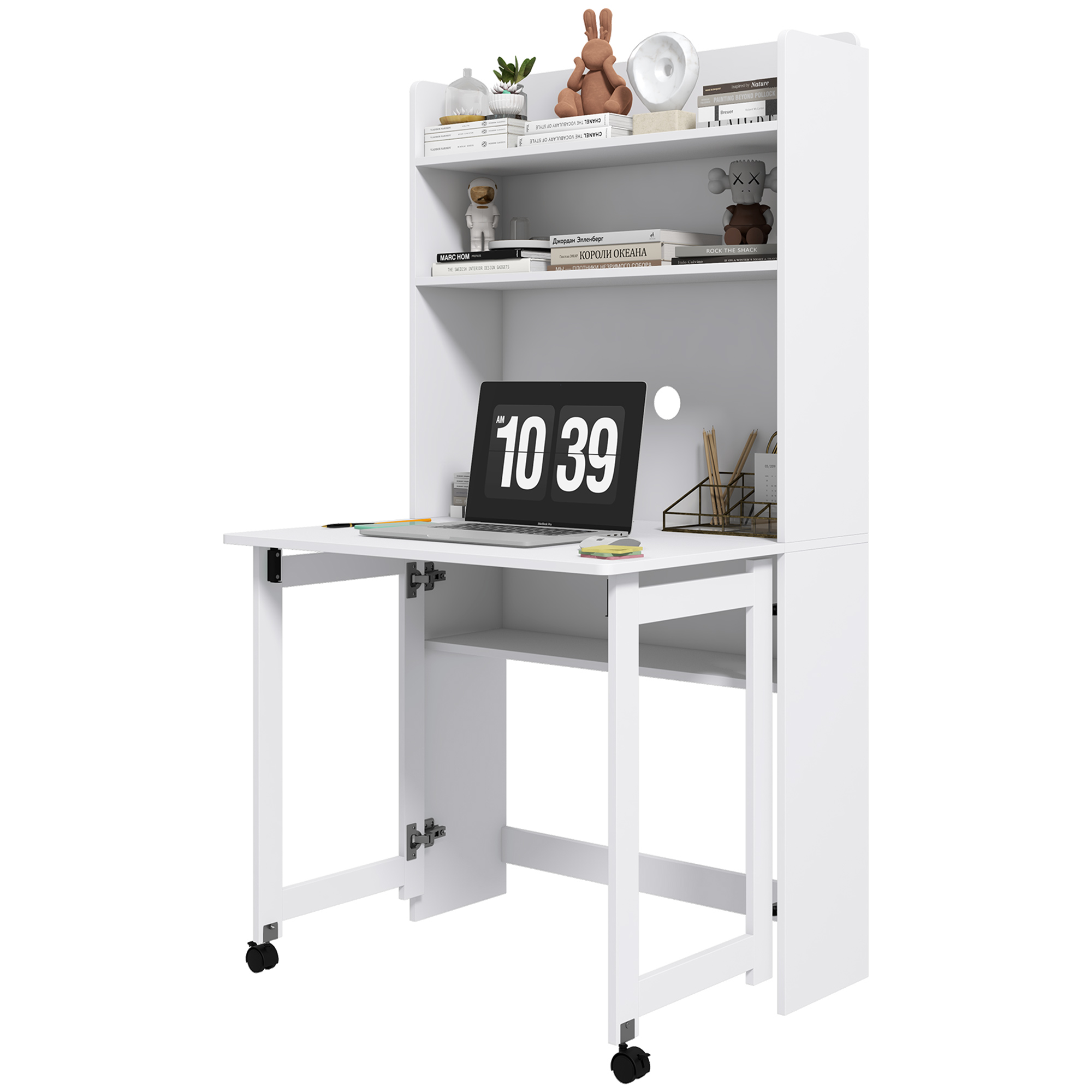 HOMCOM Computertisch mit Stauräumen, klappbarer Platte, 2 Rollen für Schlafzimmer, Wohnzimmer, 80 x 69 x 153 cm, Weiß