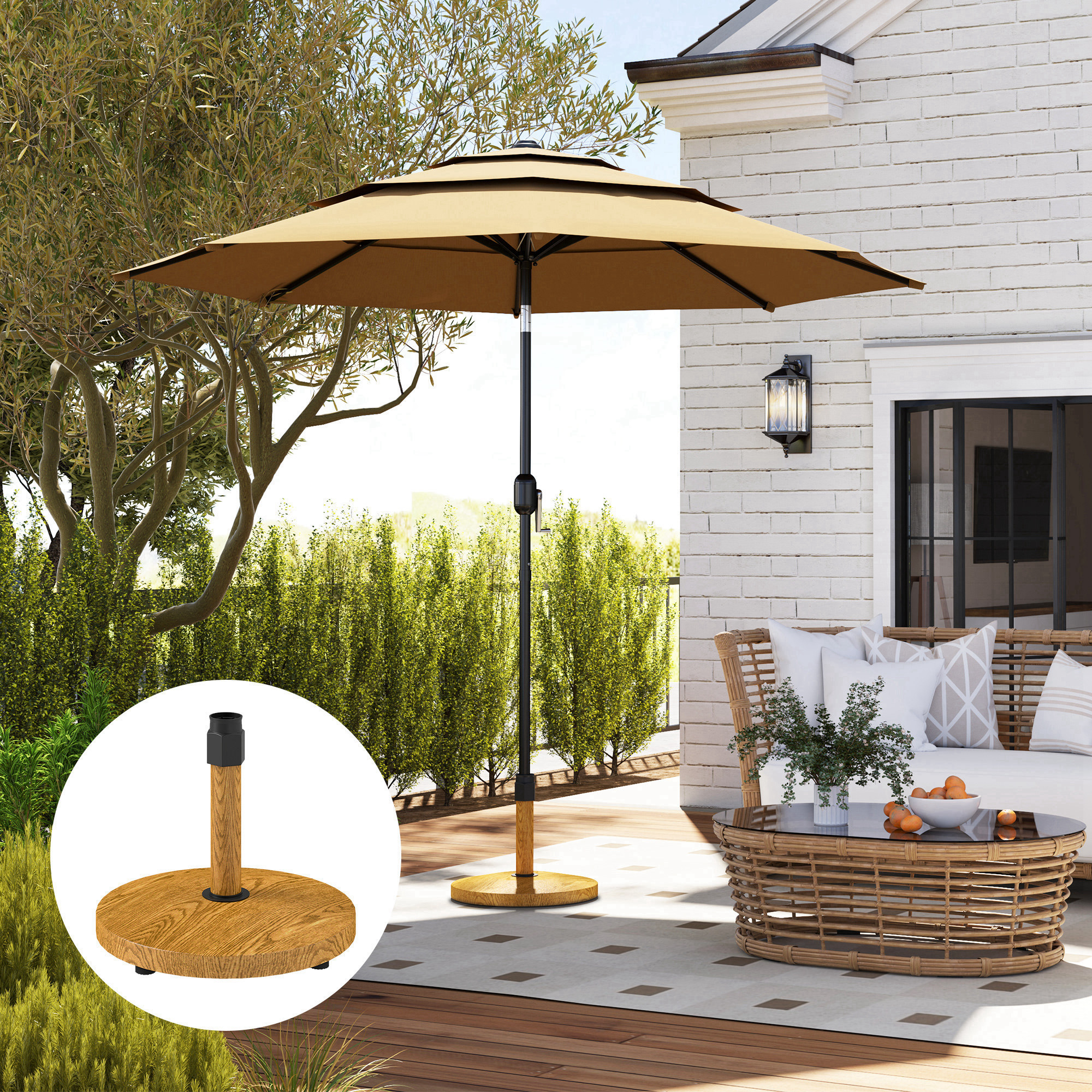 Outsunny Gartenschirmständer, Sonnenschirmbasis Verstellbare Fußpads Basis für Gartenschirm, Metall, Beton, Naturholz