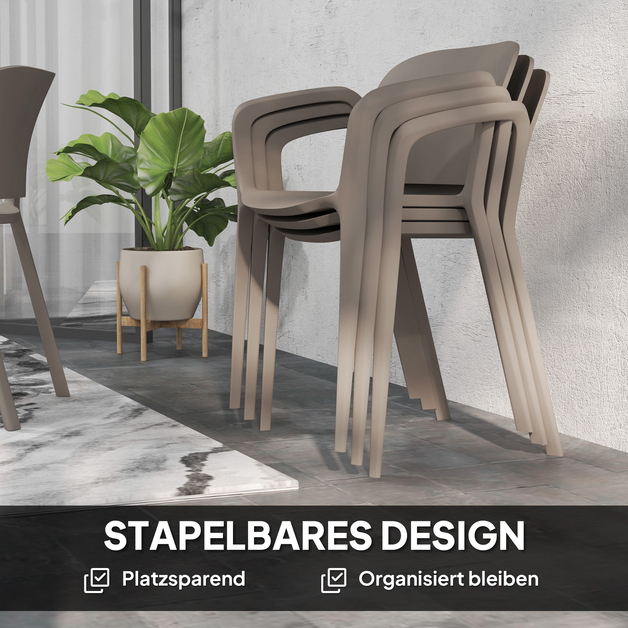 Outsunny 4-delige Tuinstoel Set Weerbestendig, Stapelbare Kunststof Stoelen met Armleuningen en Rugleuning tot 120 kg Belastbaar
