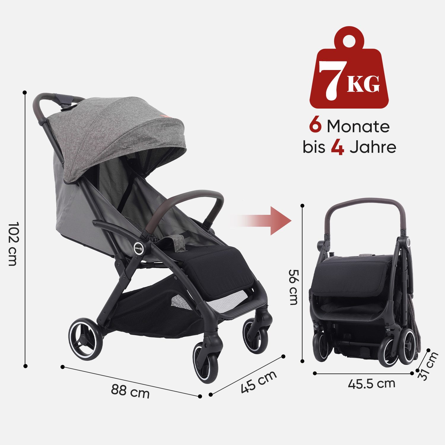 Kinder-Buggy mit Regenschutz, 3-fach verstellbar Reise Kinderwagen für Flugzeug
