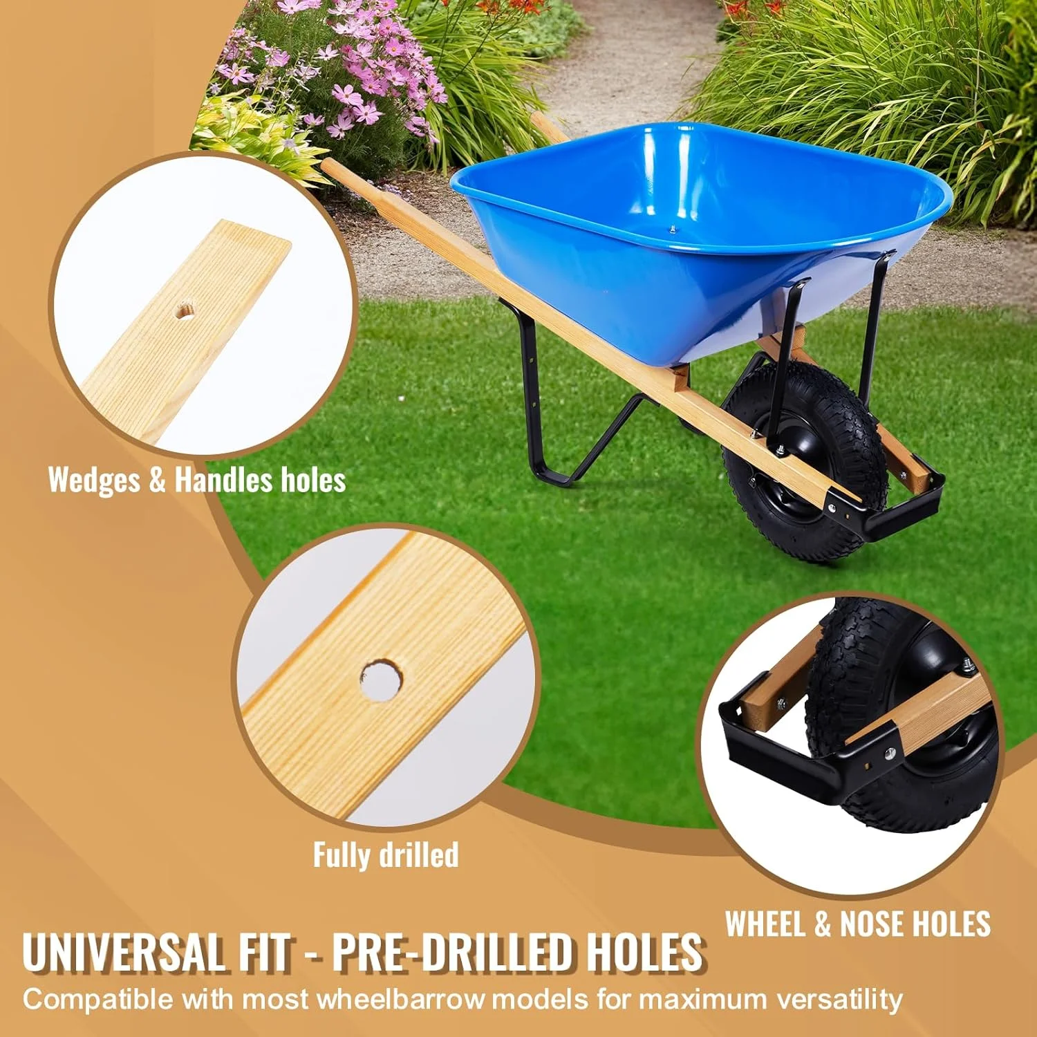 Wheelbarrow Replacement Handle Kit �C 2 Pre-Drilled Heavy-Duty FSC Eco-Wood Handles, Universal Fit + Bolts, Nuts & Wedges (Plant a Tree)