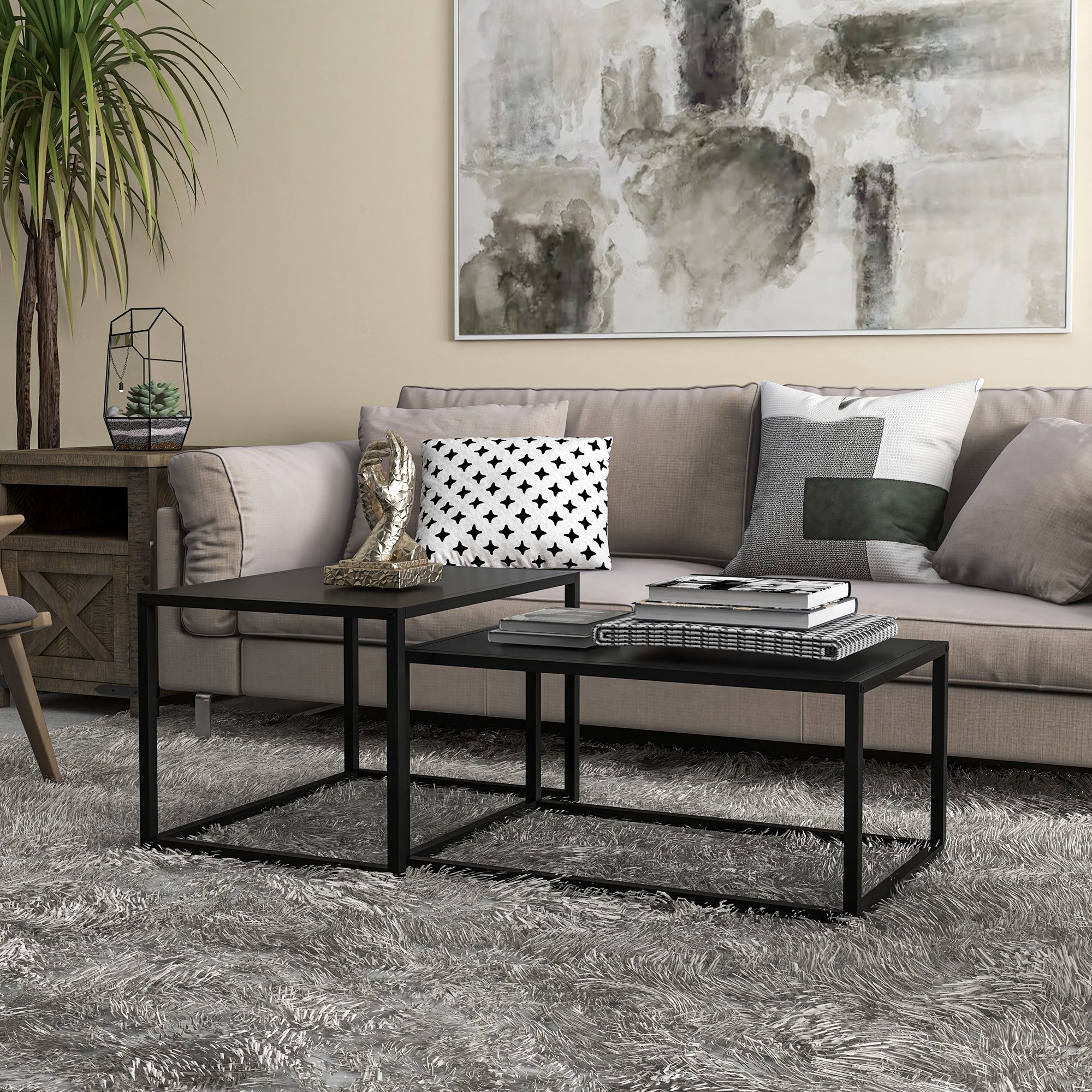 HOMCOM Set aus 2 ineinander verschachtelten rechteckigen Couchtischen im industriellen Stil aus mattem schwarzen Stahl
