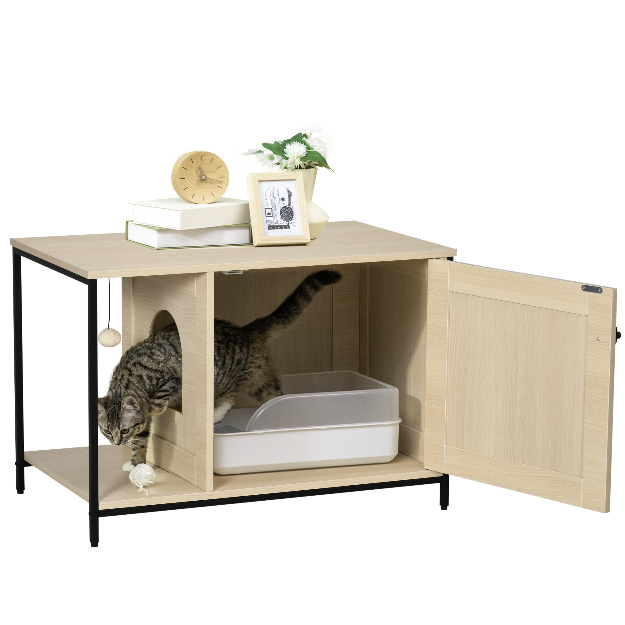 PawHut Katzentoilette, Katzenhaus, magnetische Seitentür, hängender Spielball, Bodenabstand, Eichenoptik, 80 x 48 x 55cm