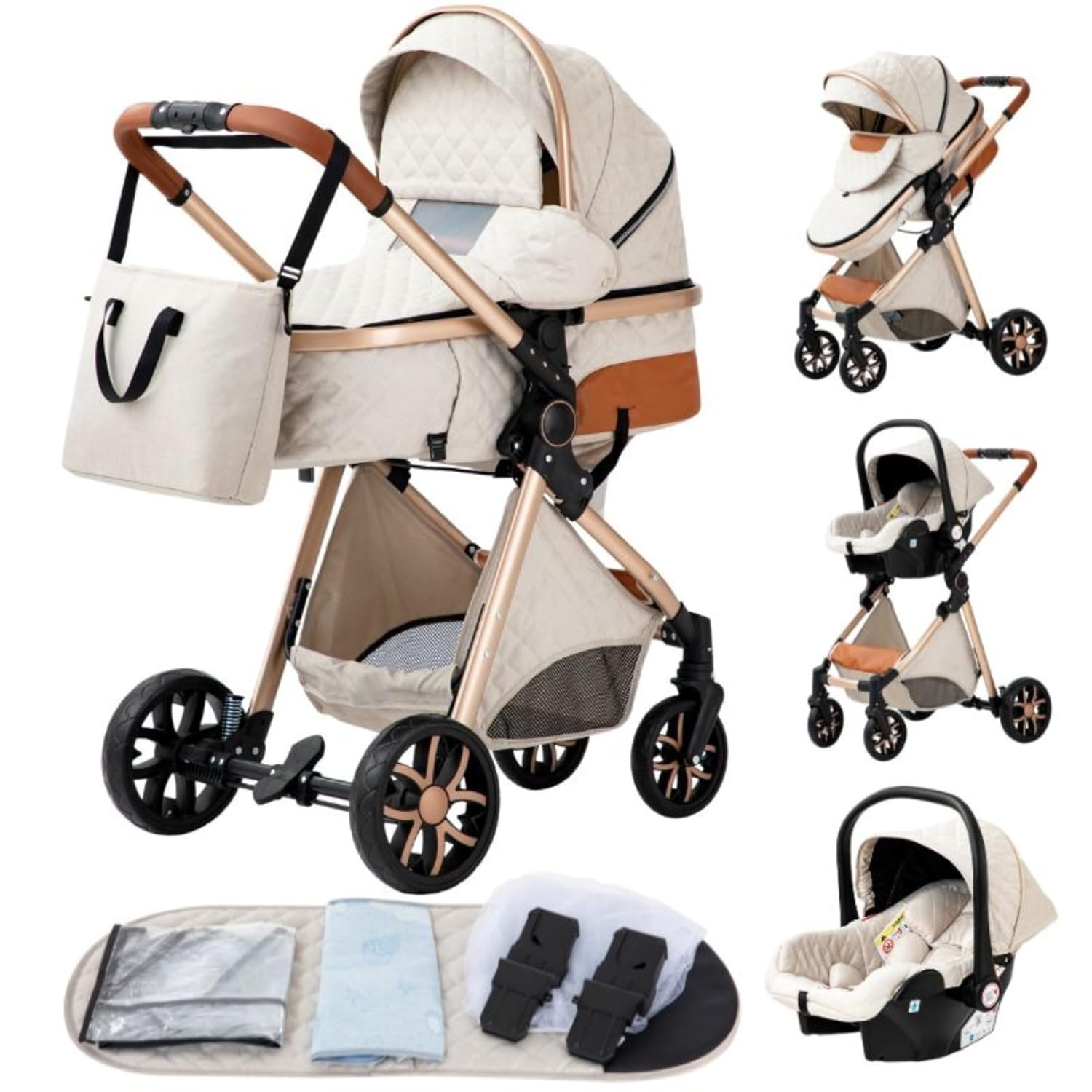 YAZOCO kinderwagen 3 in 1 Buggy Babybett Komplett Set Einem Klick Zusammenklappbarer Kinderwagen, KombiKinderwagen Aluminiumrahmen für Neugeborene Sitzzubehör (1 schwarz)