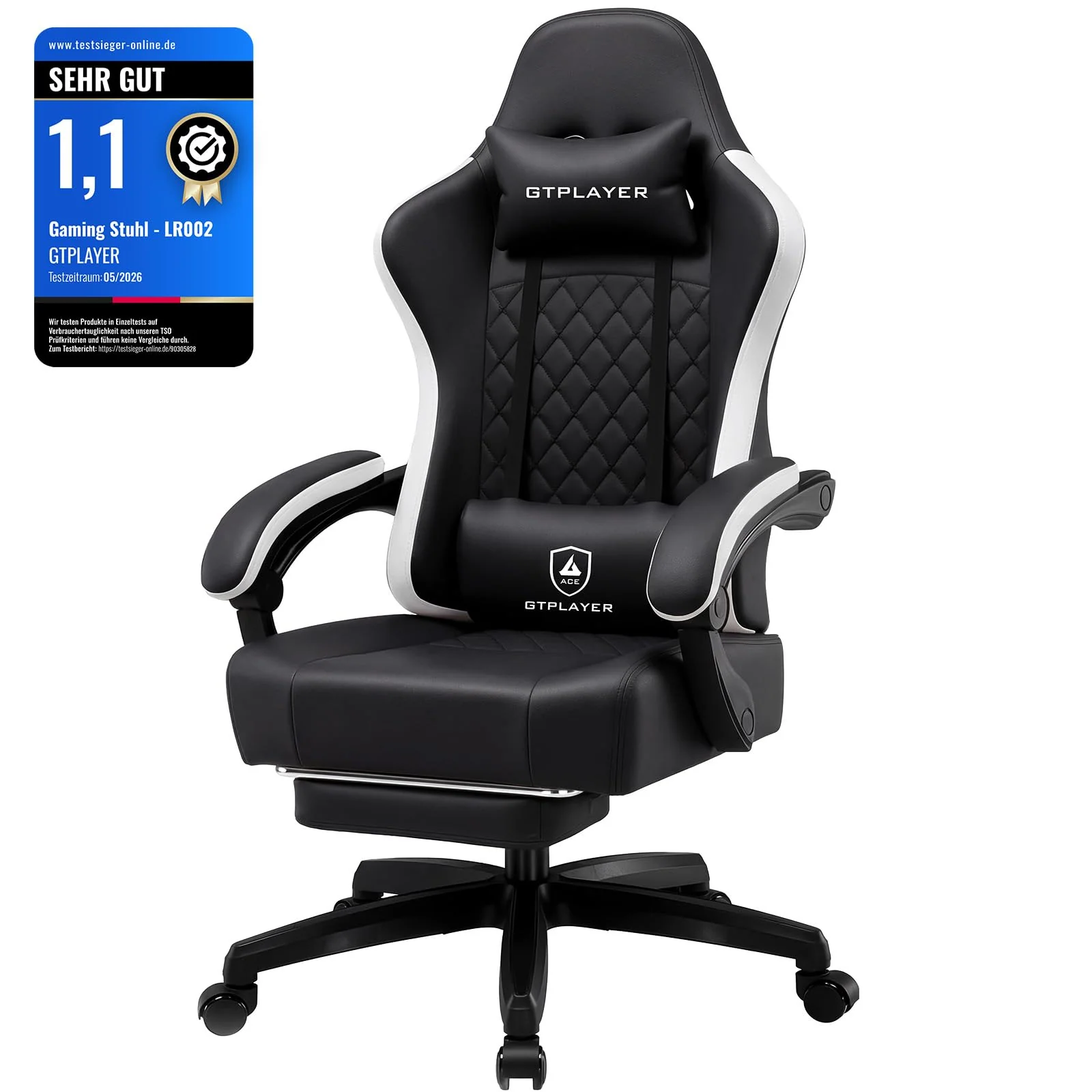 GTPLAYER Gamingstuhl mit Taschenfeder-Sitzkissen, Fußstütze und verstellbarer Rückenlehne