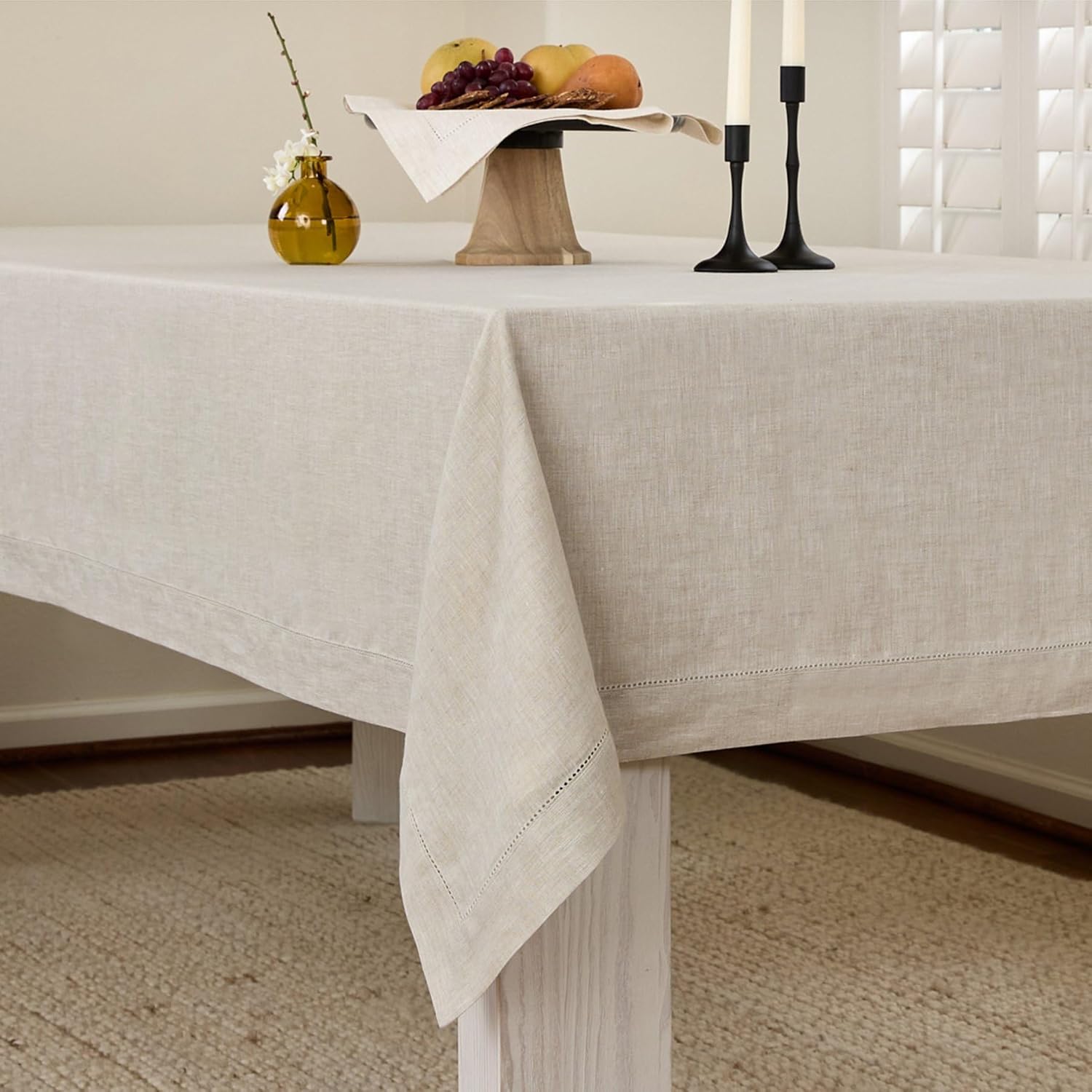 Solino Home Linen Dinner Napkins and Tablecloth 60 x 120 Inch - 100% Pure Linen Cloth Fabric Classic Hemstitch - Handcrafted from European Flax and Machine Washable
