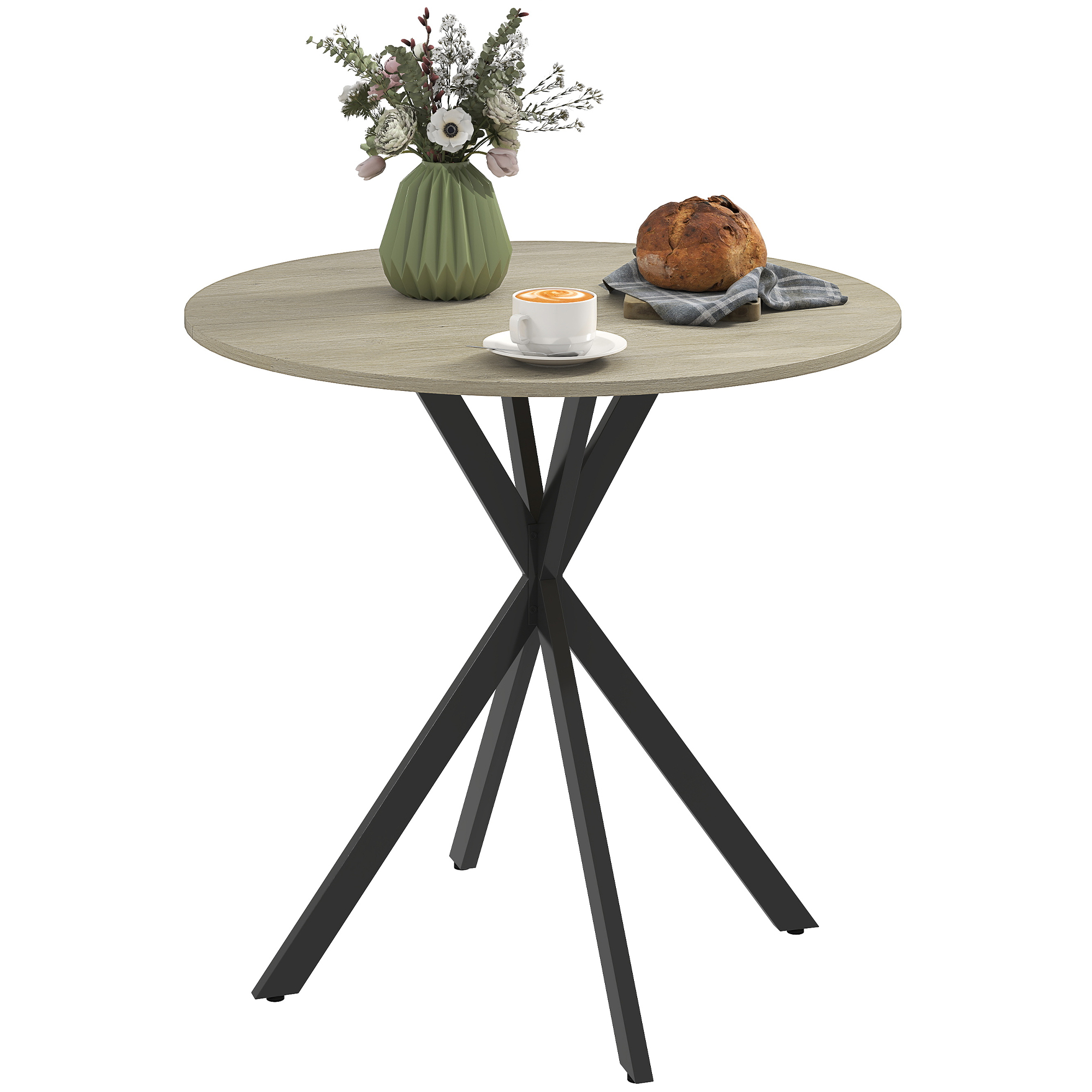 HOMCOM Runder Küchentisch, 80 cm, kompakte Tischplatte, Spanplatte, Metall, Weiße Eiche+Schwarz