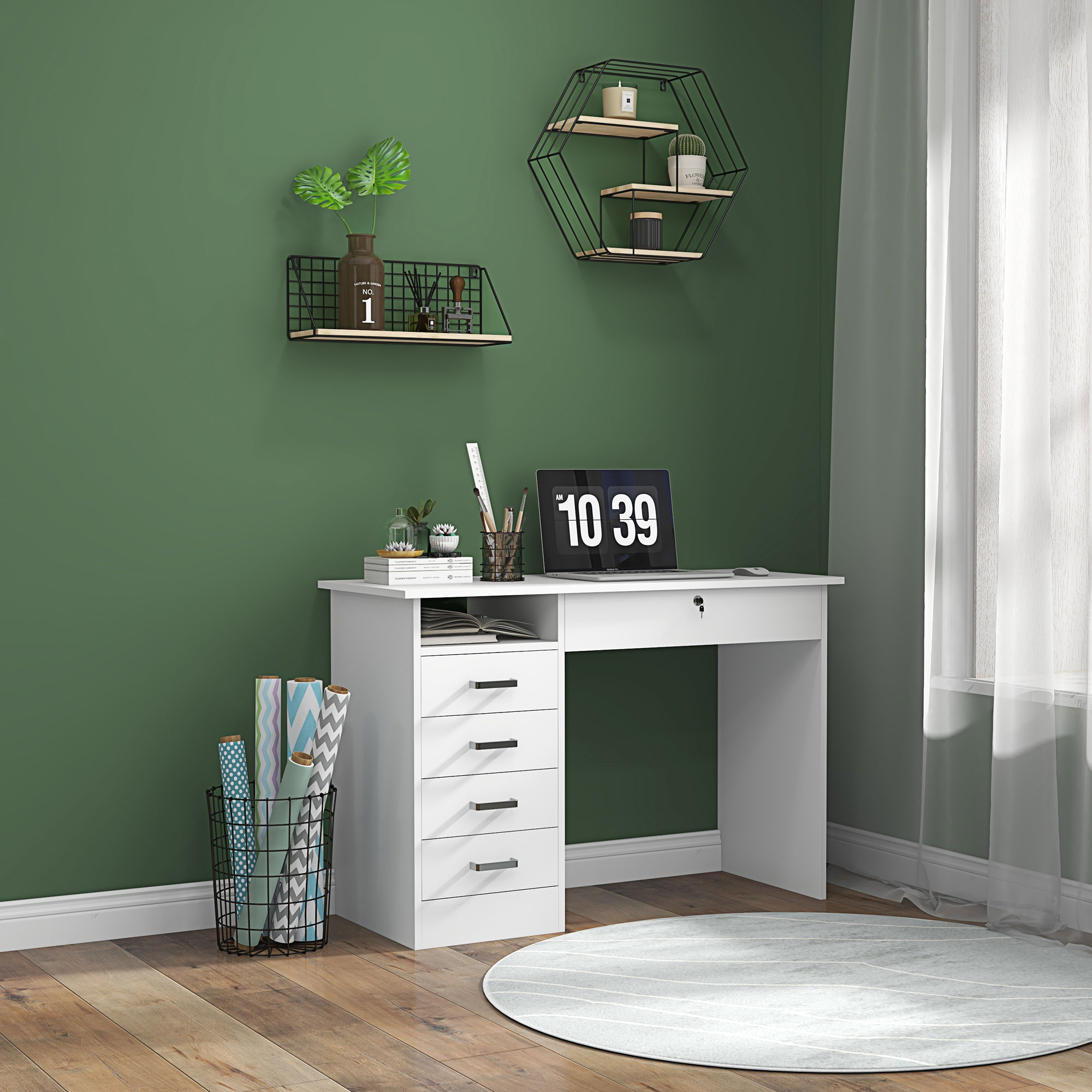 HOMCOM Moderne Schreibtisch mit 5 Schubladen, großer Tischplatte, 1 offenes Fach, abschließbare Schublade, 110 x 50 x 76cm, weiß