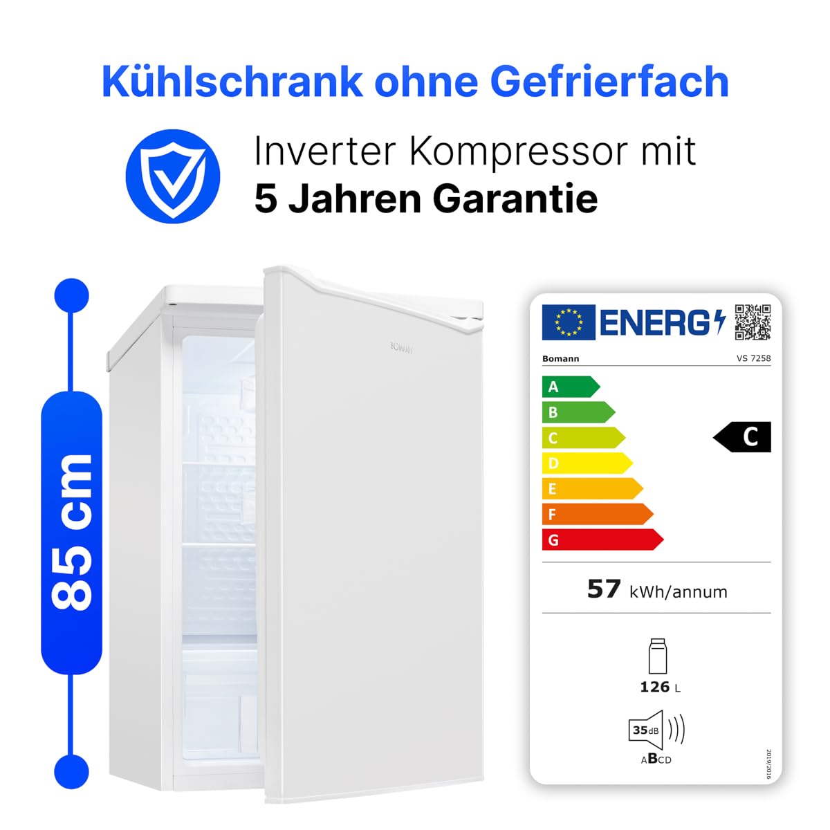 Kühlschrank ohne Gefrierfach 126 L, Energieklasse C, 85 cm hoch, leise 35 dB, 3 Glasablagen, weiß
