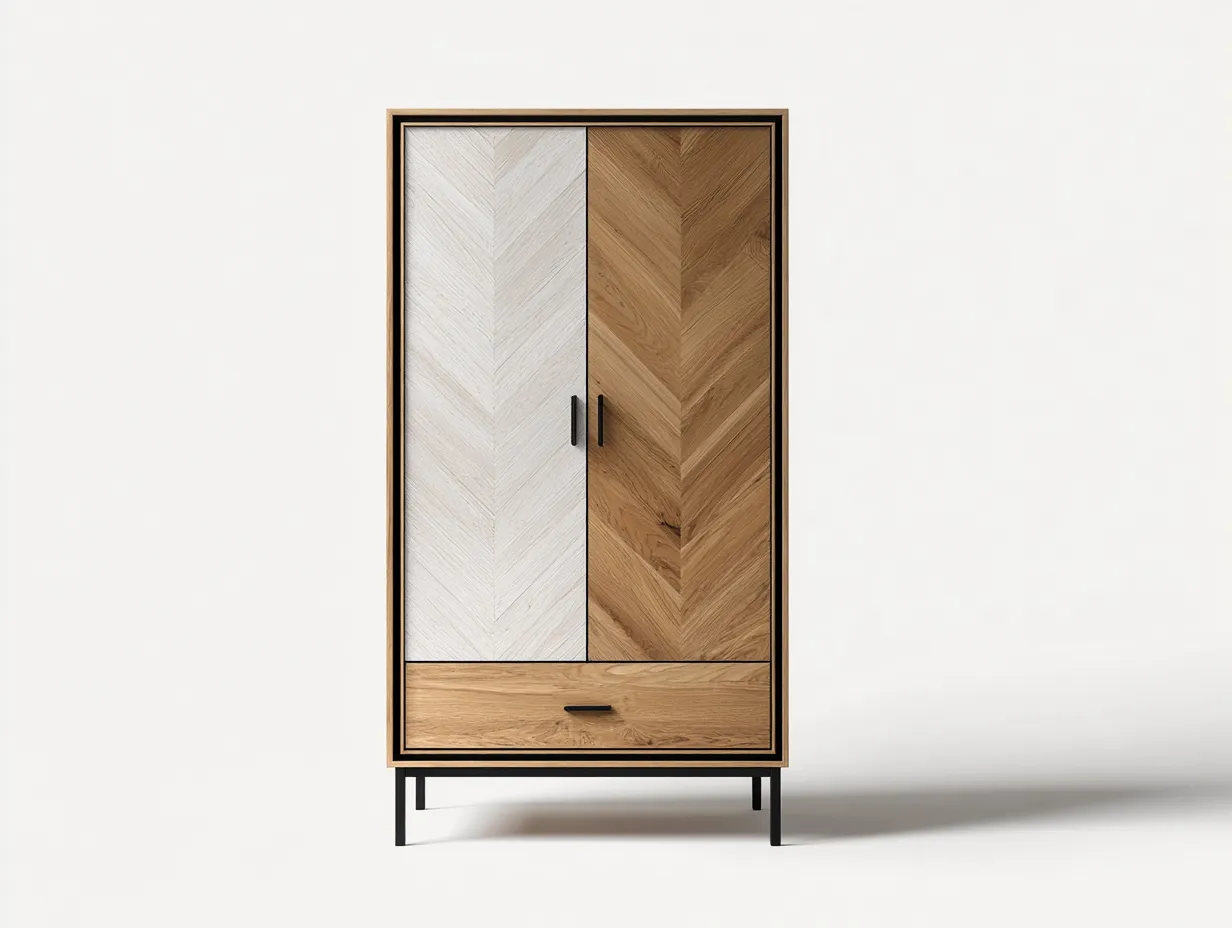 Kleiderschrank mit zwei Türen - Holzwerkstoff-Massivholz-Metall - 98 x 54 x 186 cm - Natur-Weiß-Schwarz - Moderner Stil