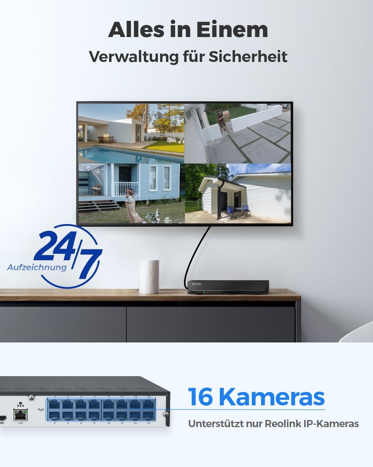 16-Kanal-PoE-NVR Überwachungsrekorder mit 4TB HDD, 16 PoE-Ports und bis zu 16TB Speicher